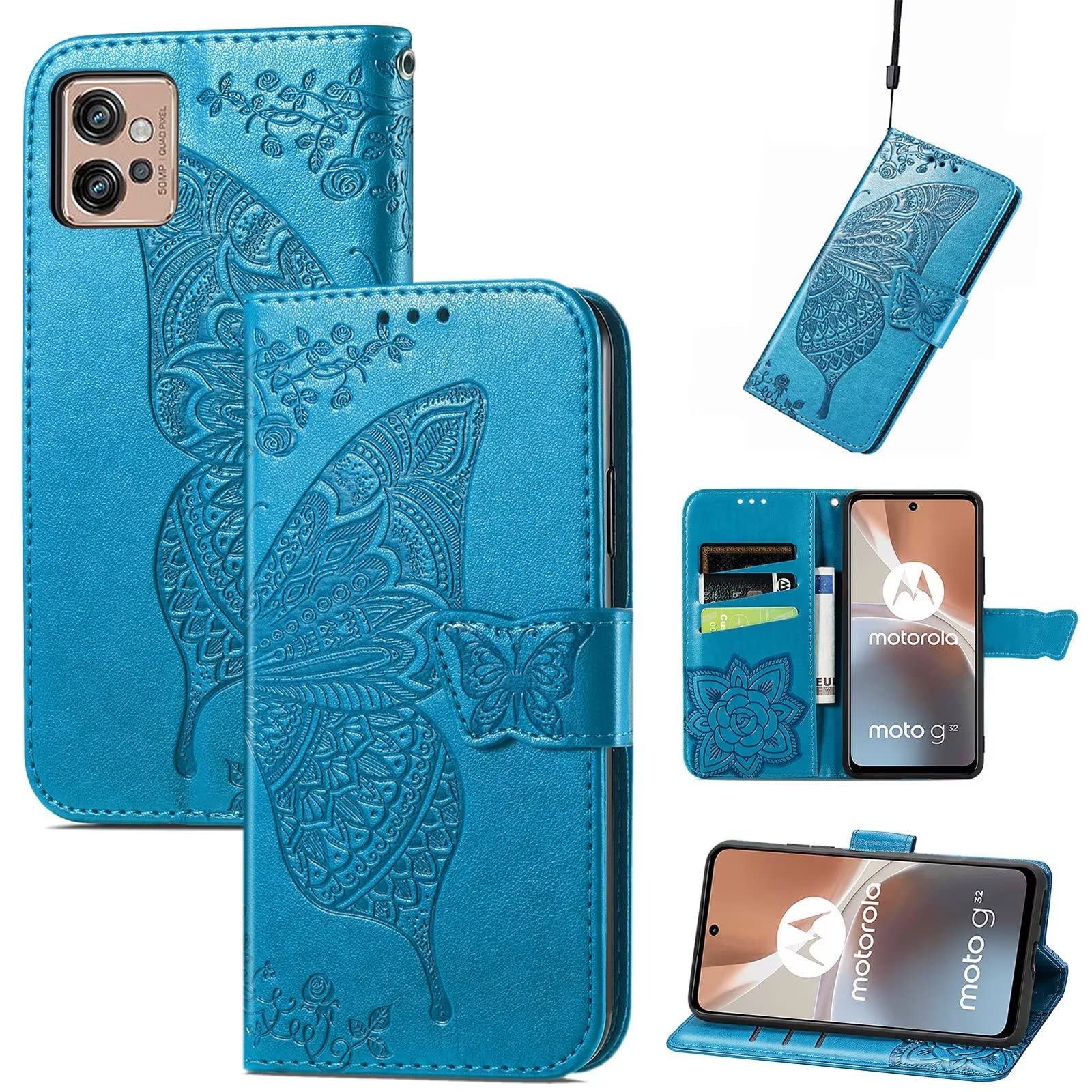 EASSGU Skórzane etui do Motorola Moto g32 (6,5 cala) etui z klapką folio magnetyczne skórzane etui na telefon z 3 przegródkami na karty 1 portfel, etui na telefon - niebieskie