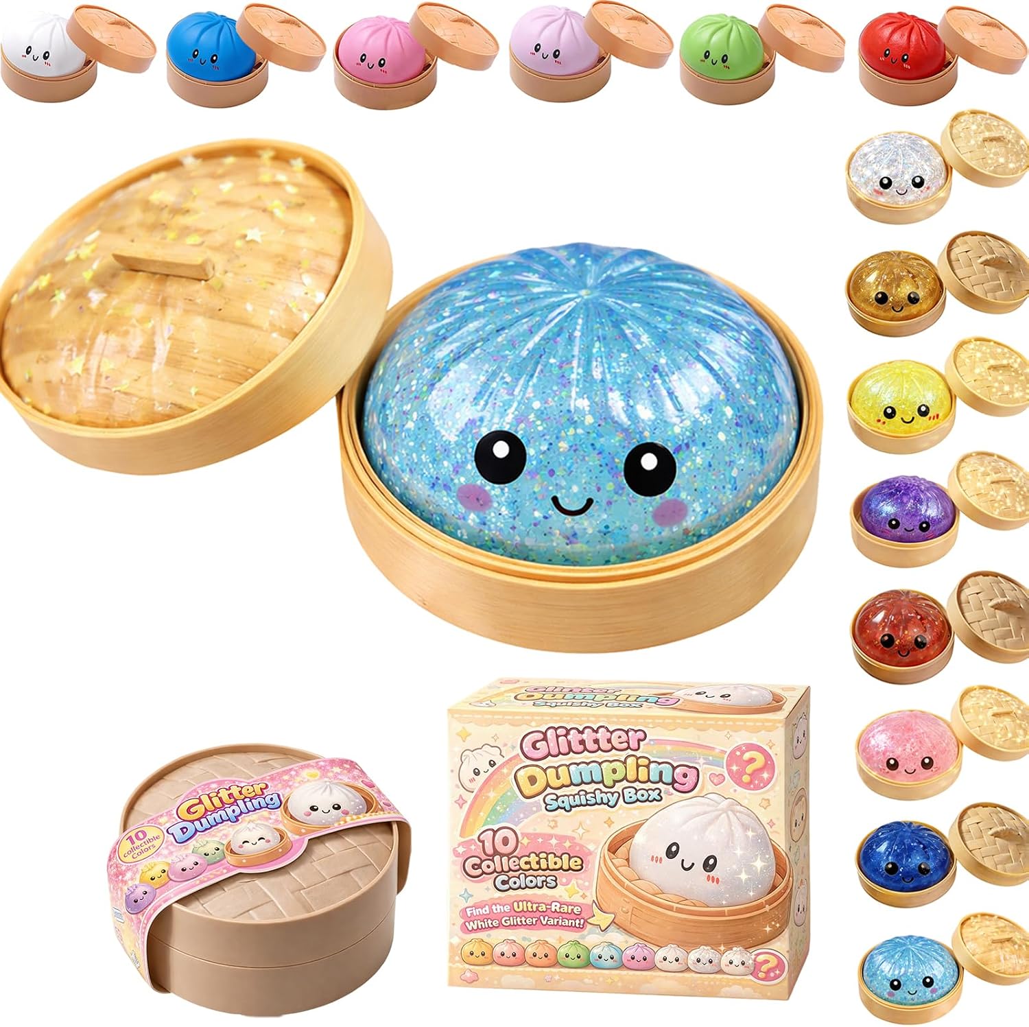 Dumpling Squishy Blind Box - Glitter Dumpling Squishies 2026 Colourful Dumplings Stress Fidget Squishy Toys with Steamer for Children Adults Students Home Office Classroom Glitter Light Blue
