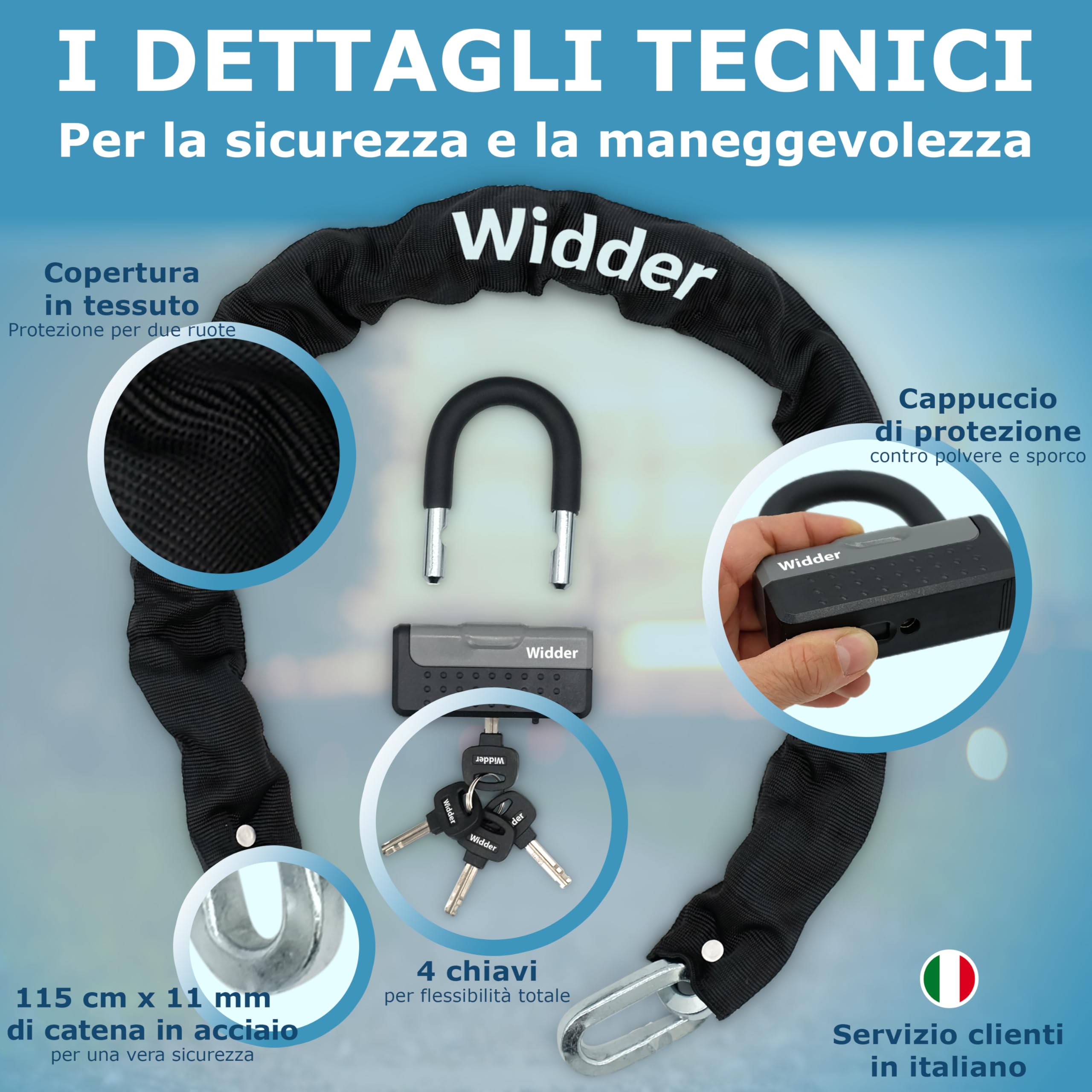 Widder Acciaio-Titanio [Livello 15] Catena antifurto con 4 chiavi 115cm lungo & 11mm massiccio - per Moto Motorino e-Bike Bicicletta e-Scooter Scooter Lucchetto - Antifurti moto & bici alta sicurezza