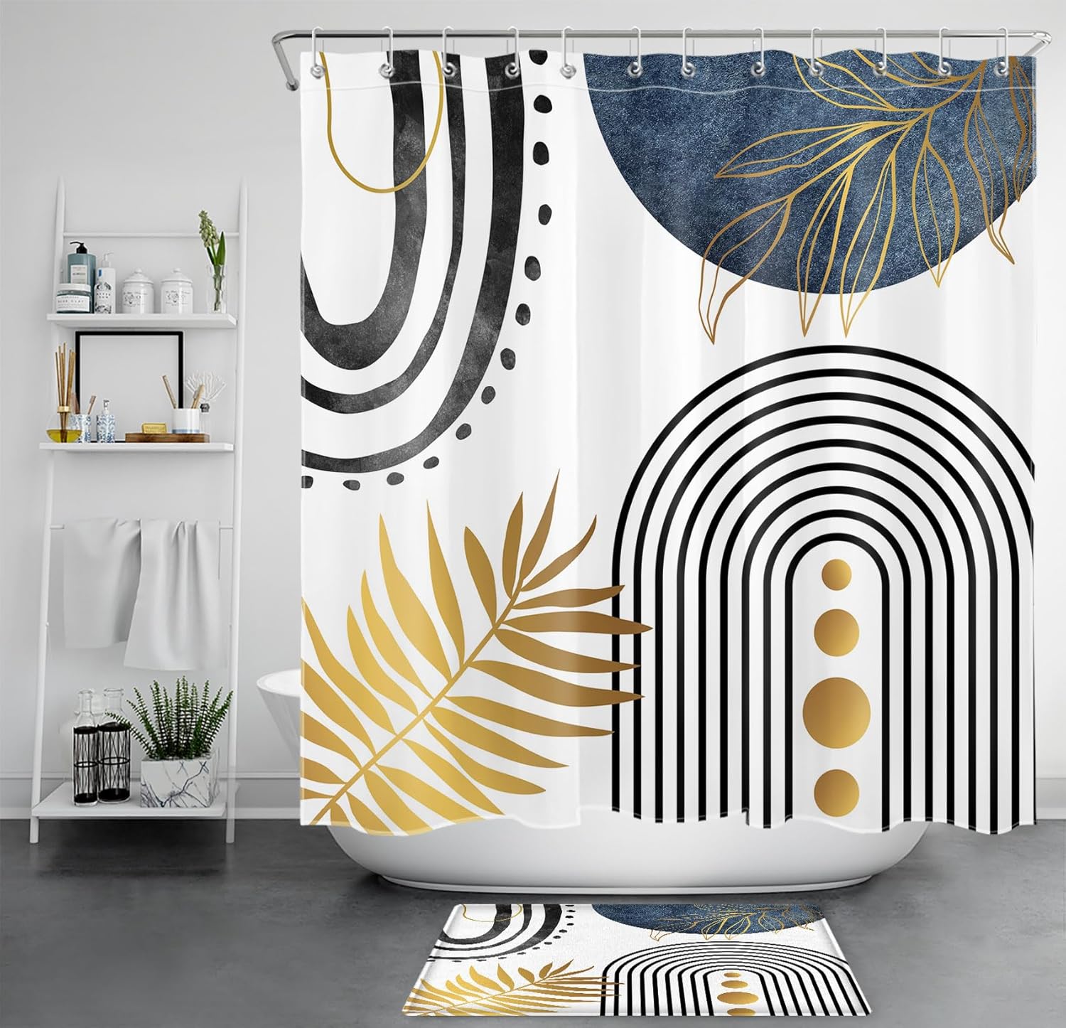 HVEST Mid Century Abstract Bathroom Sets with Shower Curtain and Rugs, Boho Black Arch Geometric and Gold Leaf on White Shower Curtains for Bathroom Decorations,70L X 70W inches