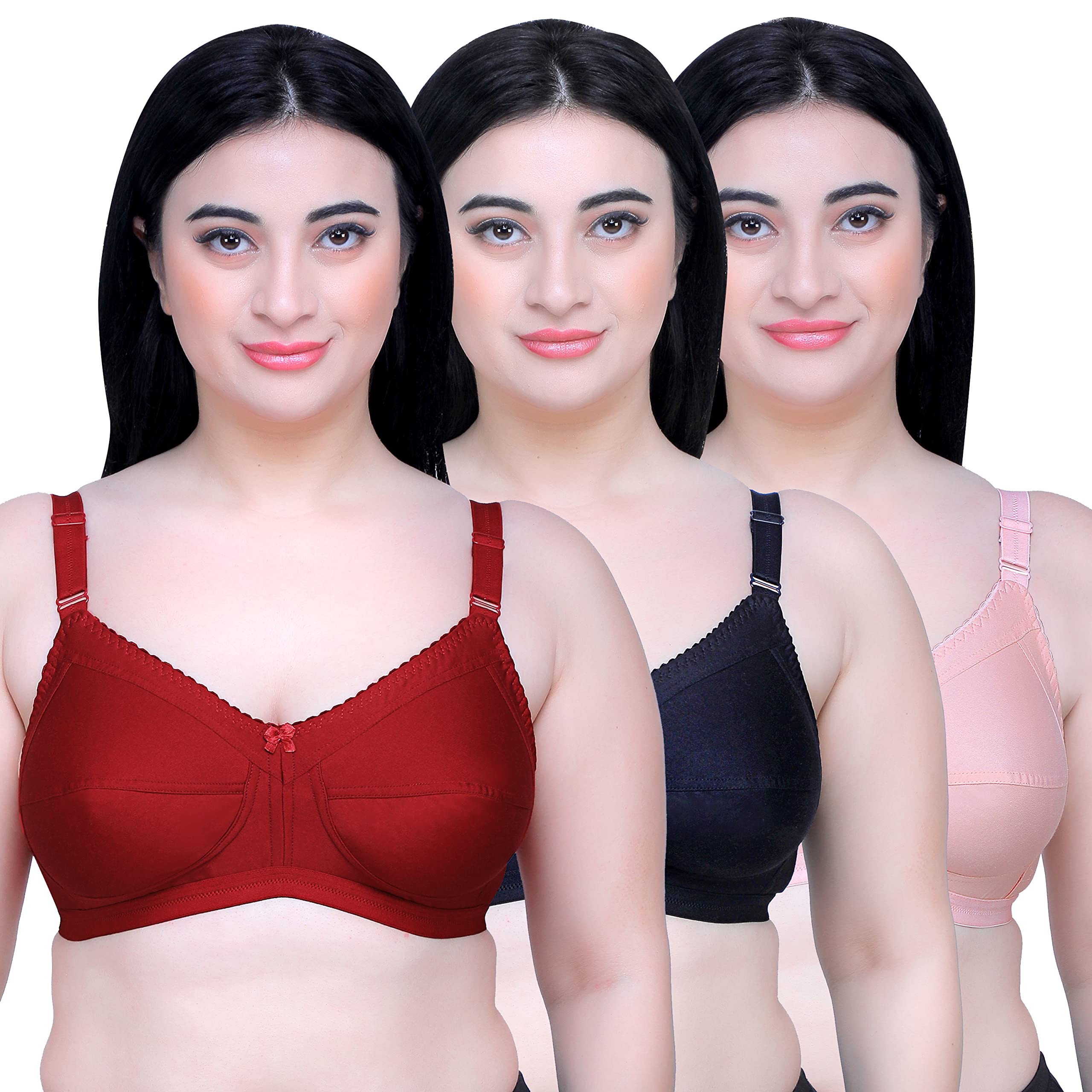 maroon 414 Cotton Blend Seamed Non Padded Full Coverage Non-Wired Women Pack of 3 Minimizer Bra Combo-picture-8