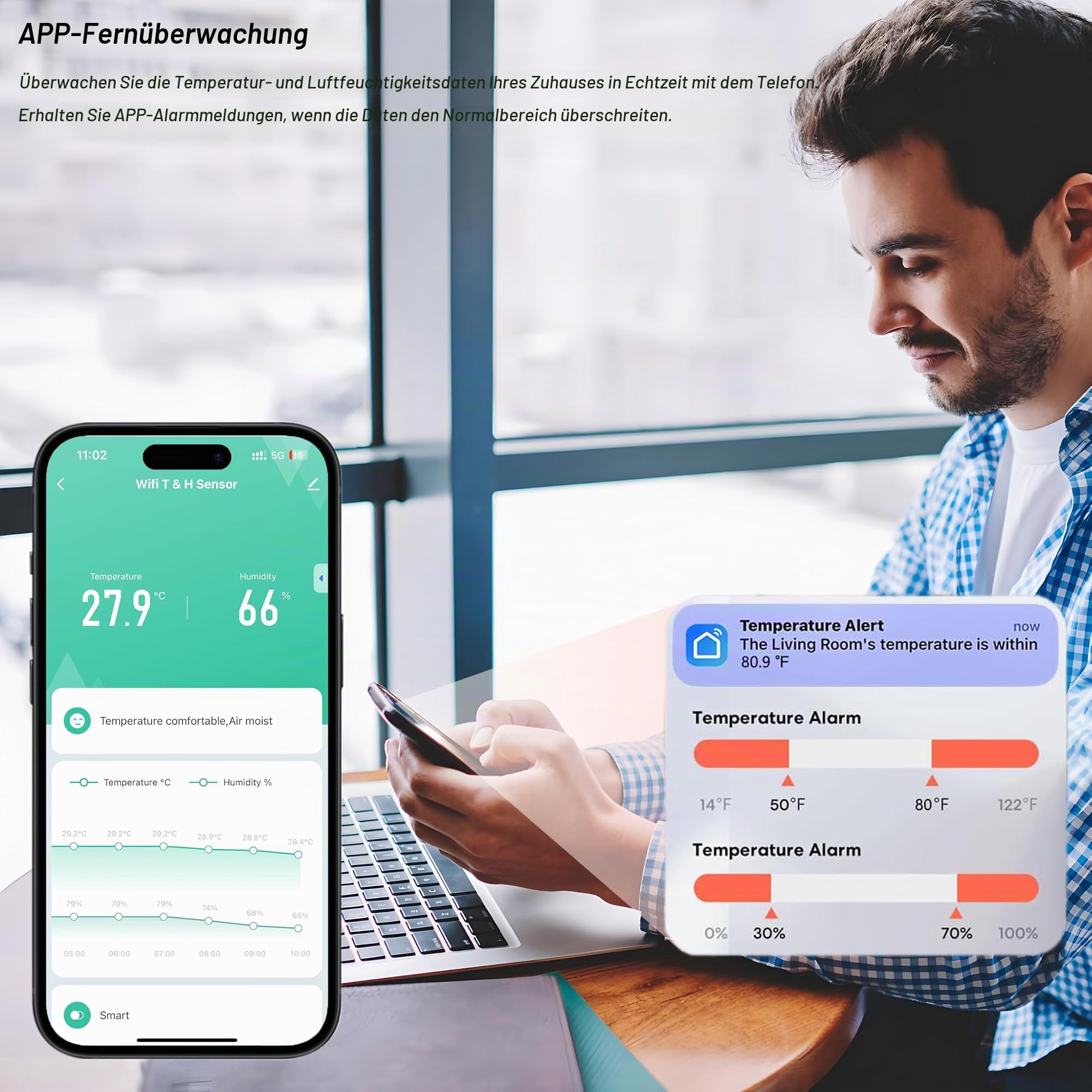 WiFi-Hygrometer Thermometer-Sensor - kabelloser Temperatur- und Feuchtigkeitssensor für den Innen- und Außenbereich mit Remote-App-Benachrichtigungsalarm, für Gewächshaus Weinkeller (4 Stück)