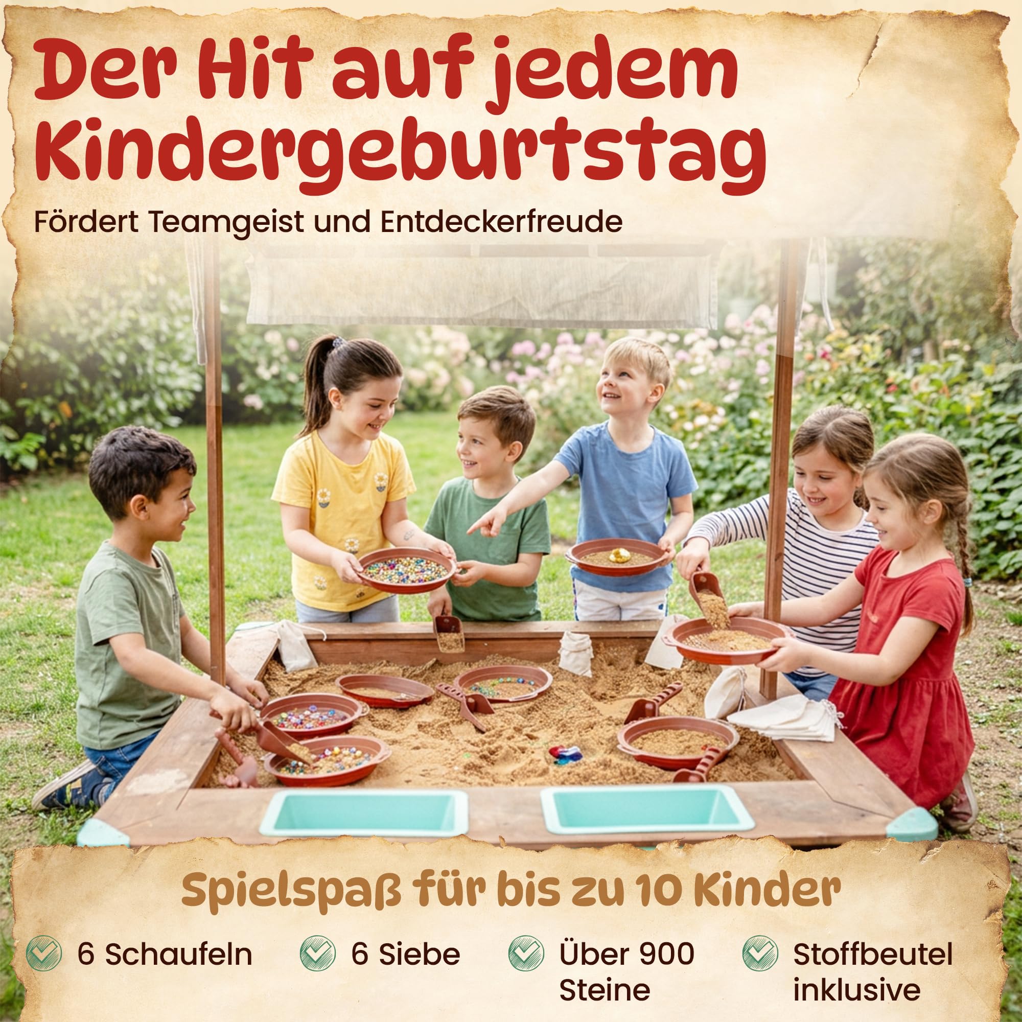 DIAGO Schatzsuche Kindergeburtstag - Outdoor Spiele Set für Kinder mit Edelsteinen, Schatzkarte und Sandkasten Spielzeug - Schnitzeljagd ab 3 Jahren