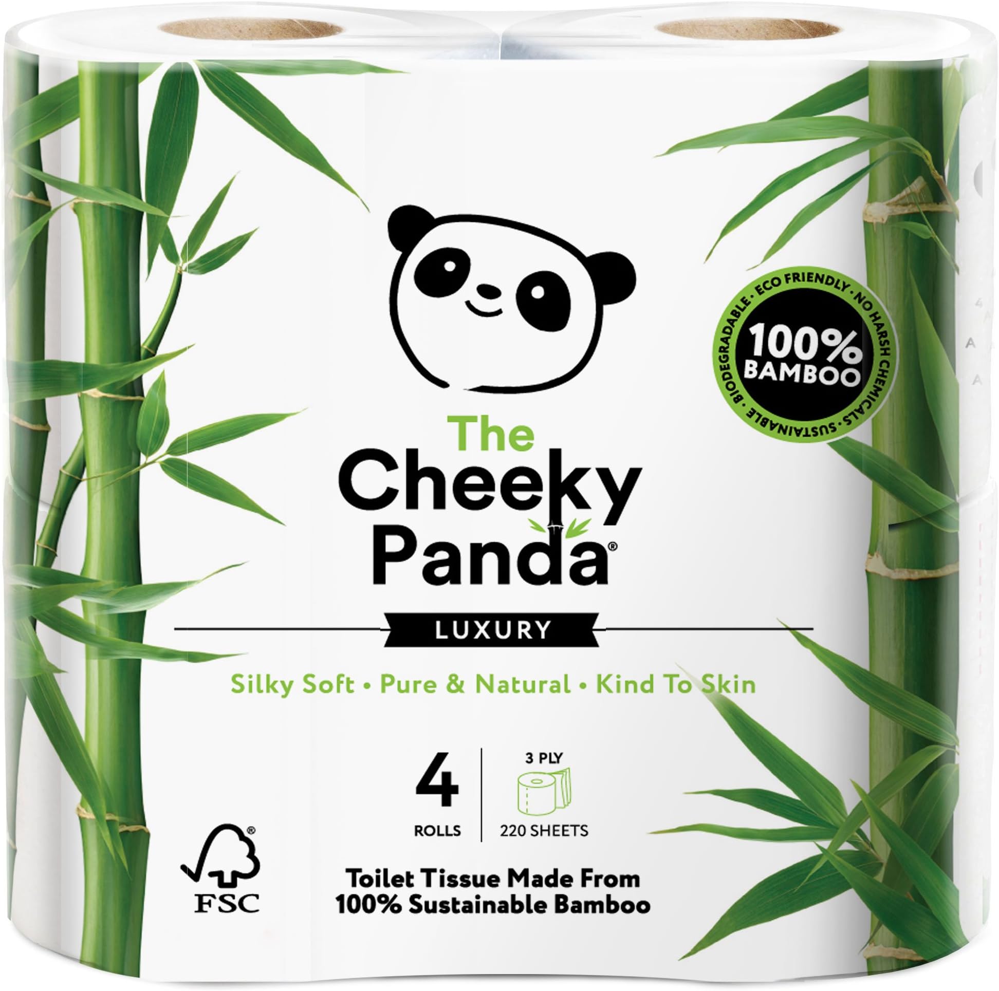 Toilet Roll Tissue Paper - The Cheeky Panda Luxury Sustainable 100% Bamboo - 4 Rolls - Soft, Super Absorbent, Skin Friendly, No Harsh Chemicals