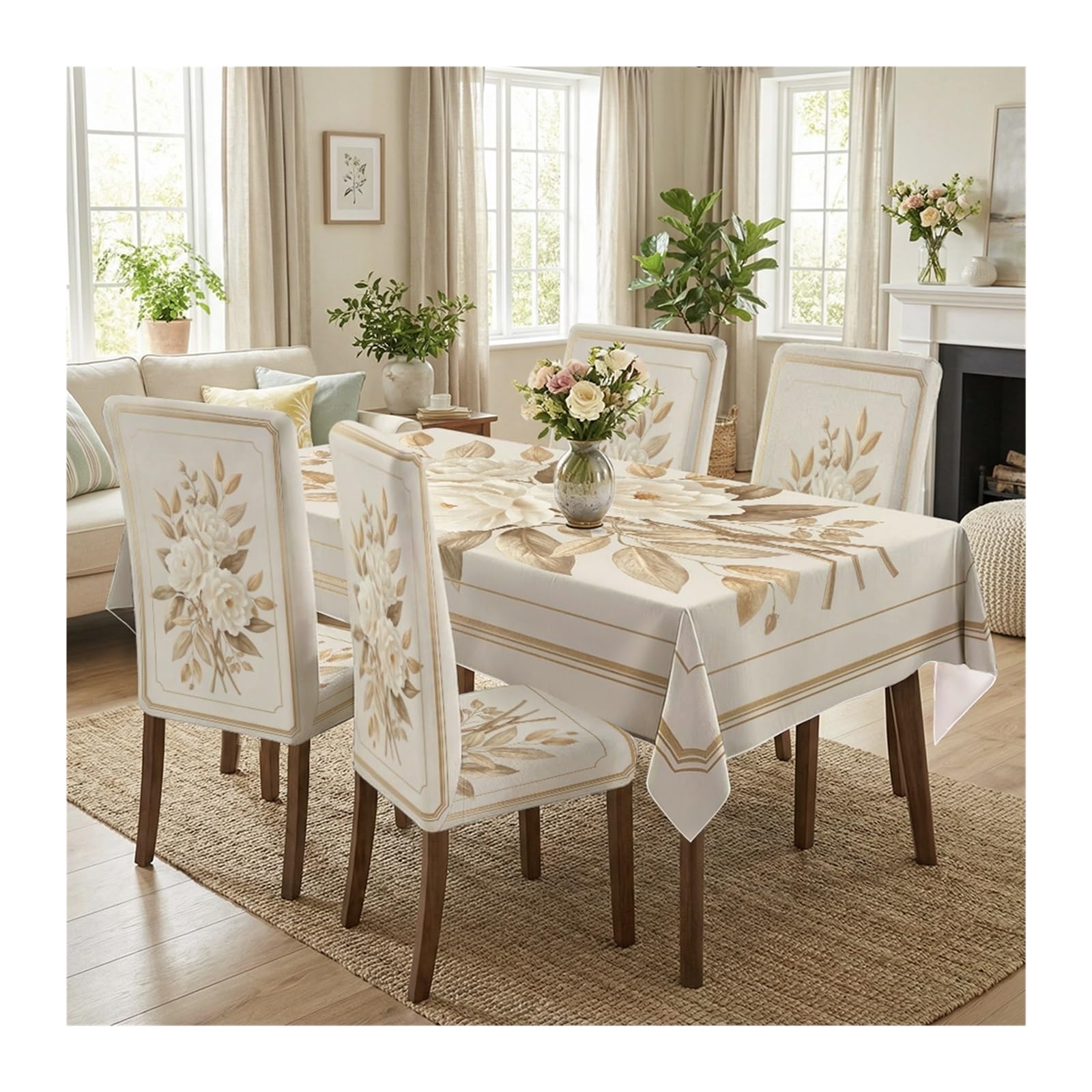 KXUAUV Neutral Tone Rose Print Stretch Dining Chair Covers & Tablecloth Set, 5/7 Pack Party Decor(5pcs Set: Tablecloth+Chair Covers)