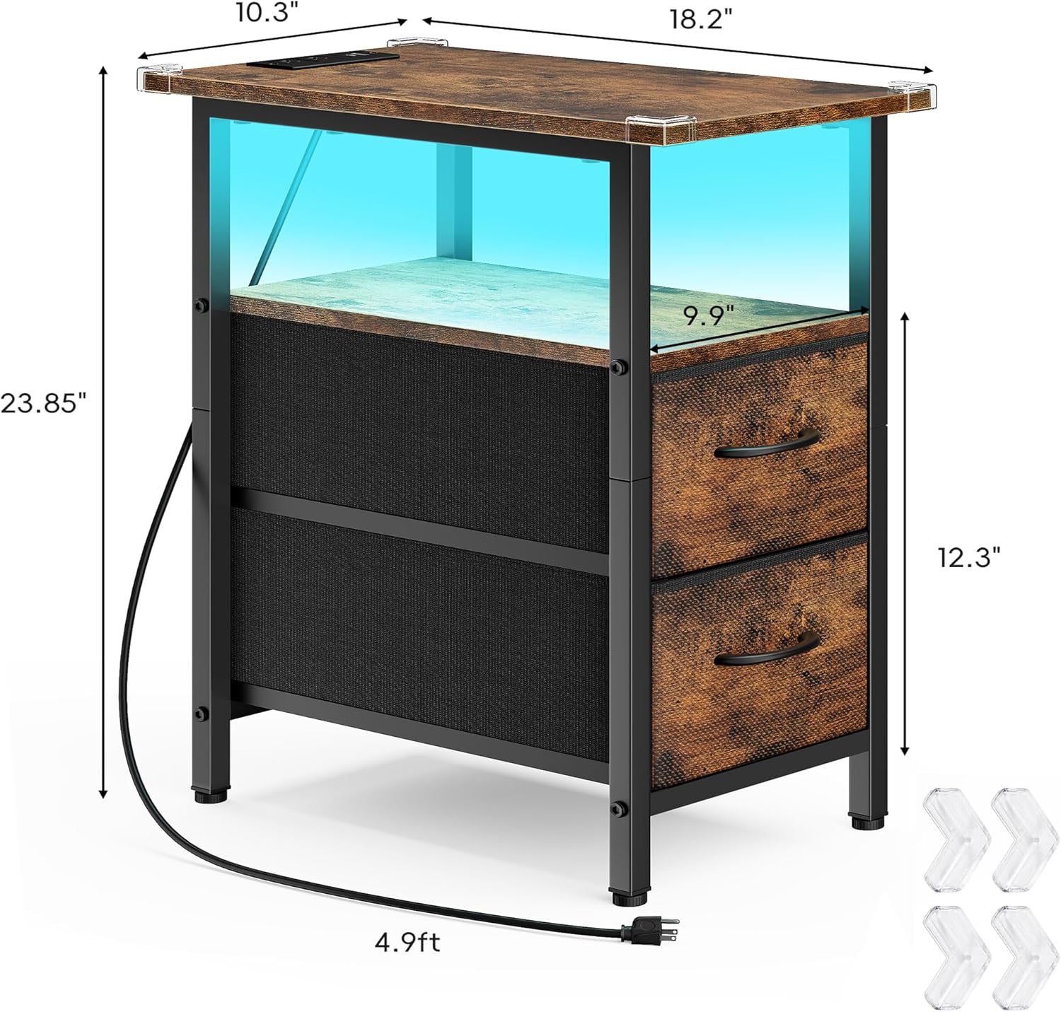 Diagram showing the dimensions of the Vagusicc nightstand: 10.3 inches wide, 18.2 inches deep, and 23.85 inches high, with a 4.9 ft power cord.
