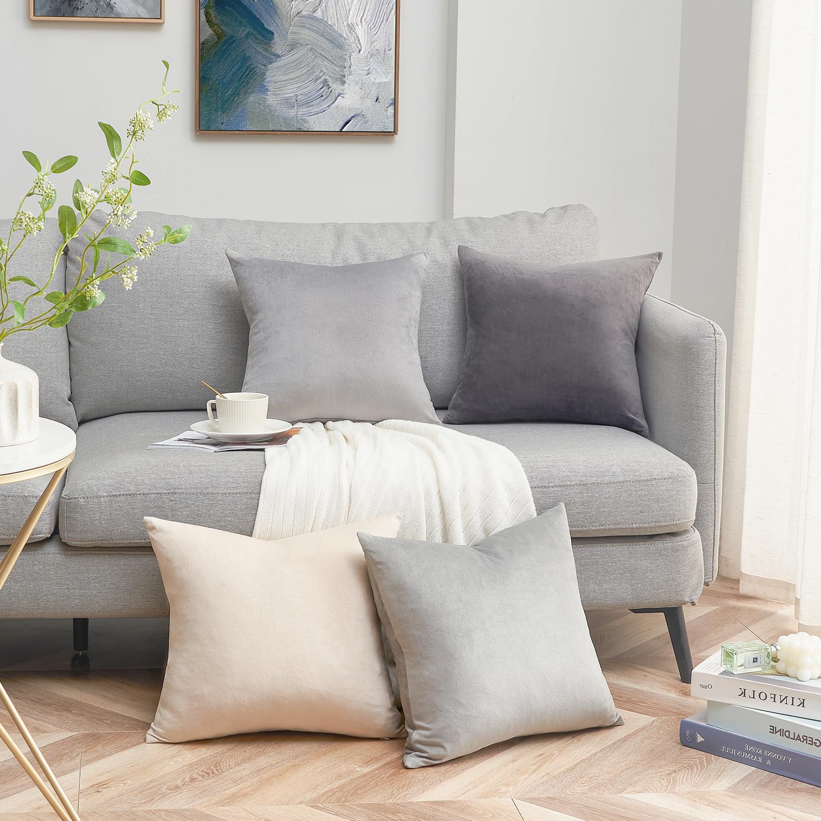 Topfinel 4 Pezzi Copricuscini Divano 45x45 Decorativo Casa Giallo Velluto Copricuscini per Cucina Sedia Soggiorno Letto Giardino Camera da letto Copricuscini Serie Moderna Grigio