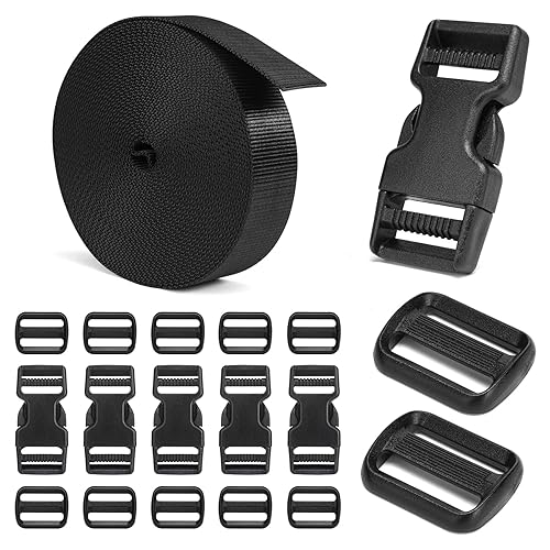 BEYOURD Buckles and Straps Set 1": 6 Yards of Thick Nylon Webbing, 6-Pack Heavy Duty Adjustable Quick Side Release Plastic Buckles, 12 Tri-Glide Slide Clips, Black (1-Inch Combo Set) - 1-inch Combo Set