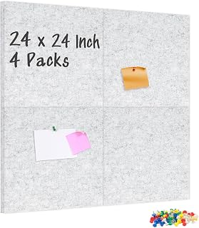 DOLLAR BOSS Felt Cork Board Tiles, 4 Packs 12" x 12" 1/2" Thick Cork Bulletin Board Self Adhesive Acoustic Panels Soundproof Corkboards for Walls with 40 Pushpins for Home Office School, Light Grey
