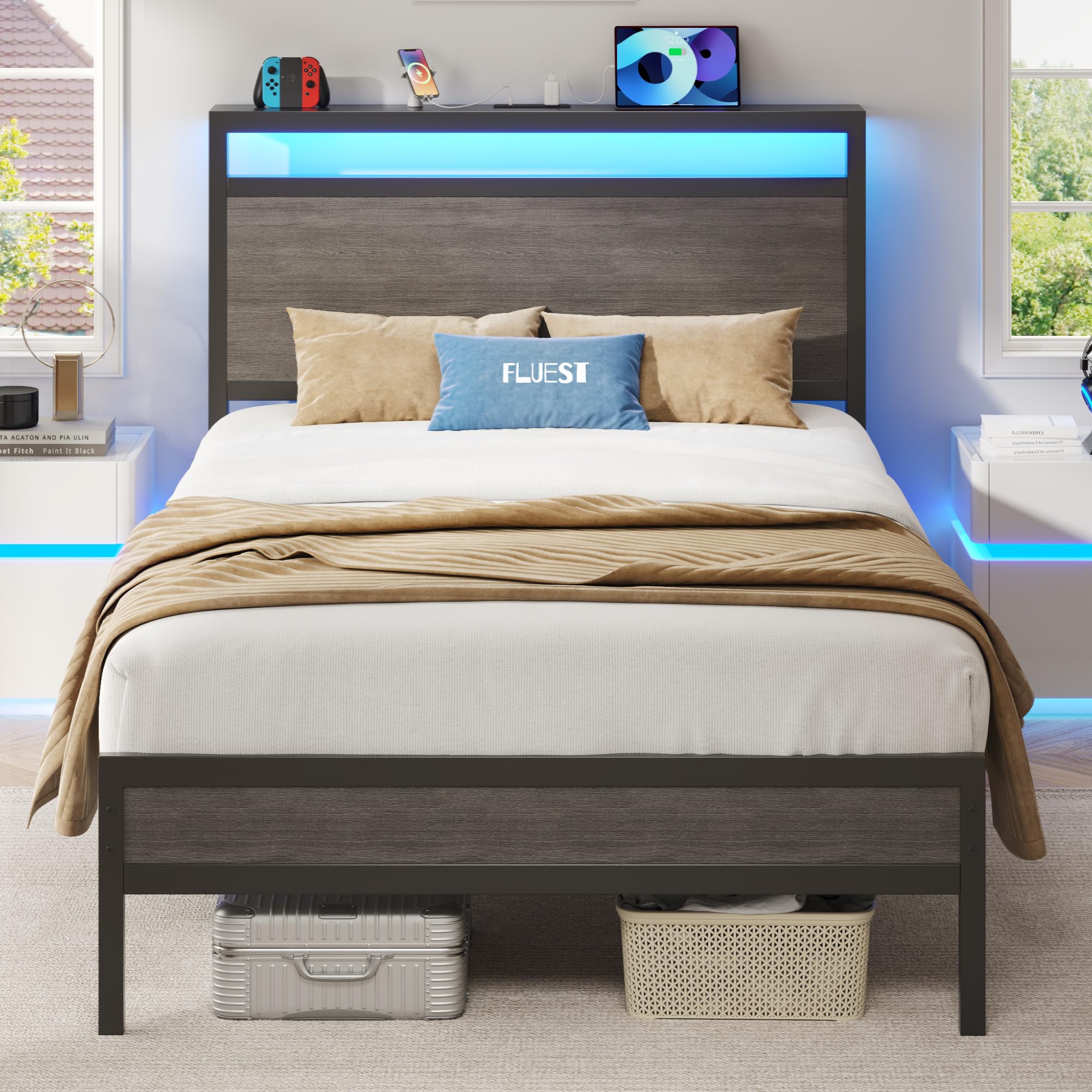 Fluest Twin Bed Frame with Headboard & Footboard, Twin Bed Frame with Charging Station & LED Light, Under-Bed-Storage, No Box Spring Needed, Noise