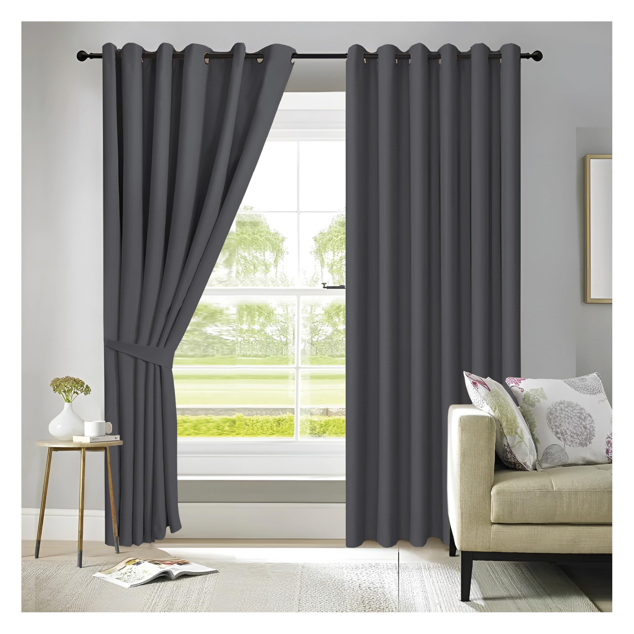 Apex Furnishings Charcoal Blackout Curtains For Bedroom 108 Inch Drop Thermal Insulated Eyelet Curtains & Drapes For Window Treatment & Living Room, 2 Panels (90X108 Inches)