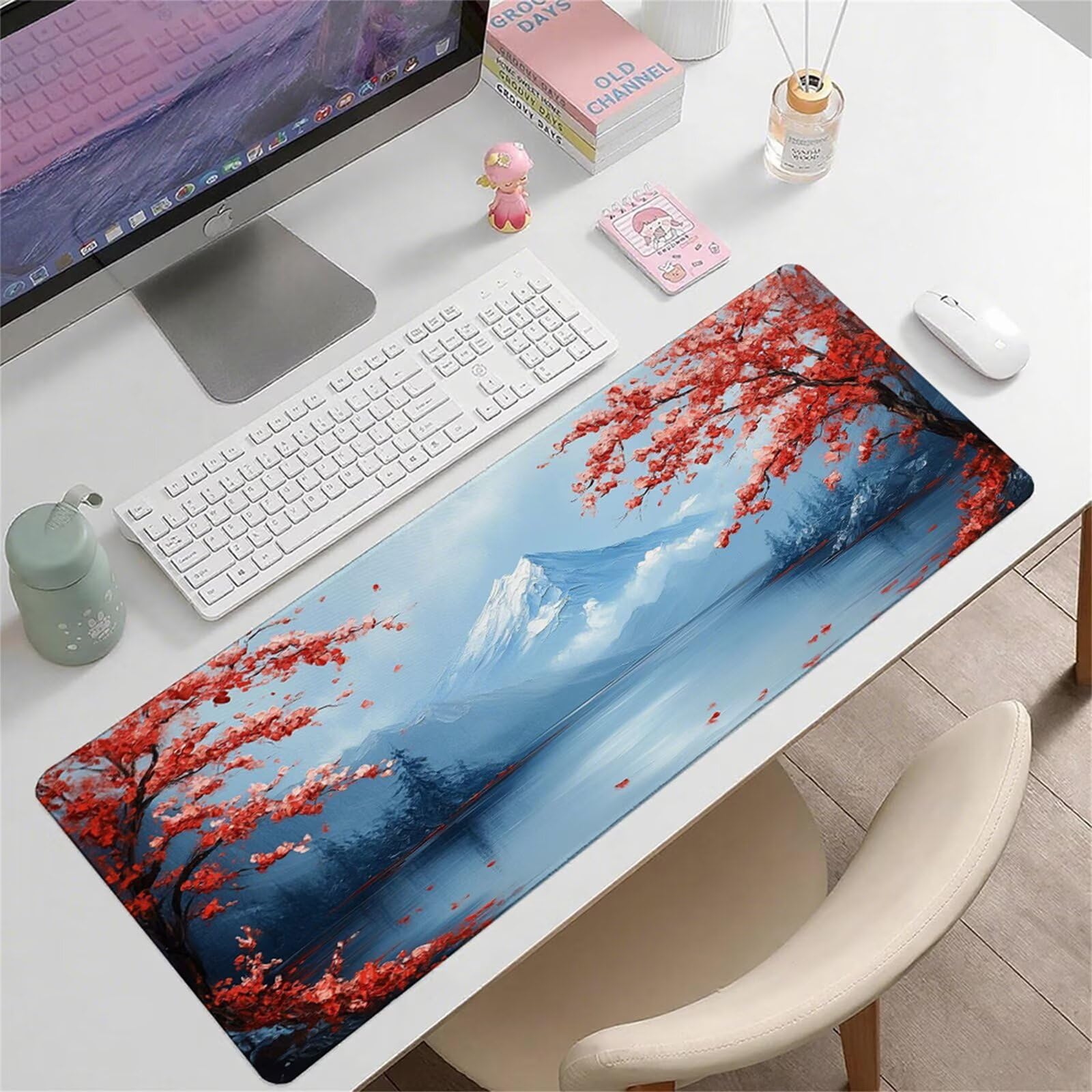 Biała podkładka pod mysz XXL 1600 x 800 x 3 mm śnieżna góra pod ręką akcesoria do biura antypoślizgowa gumowa podstawa i szyte krawędzie podkładka pod mysz dla graczy do dekoracji biura dekoracyjnego
