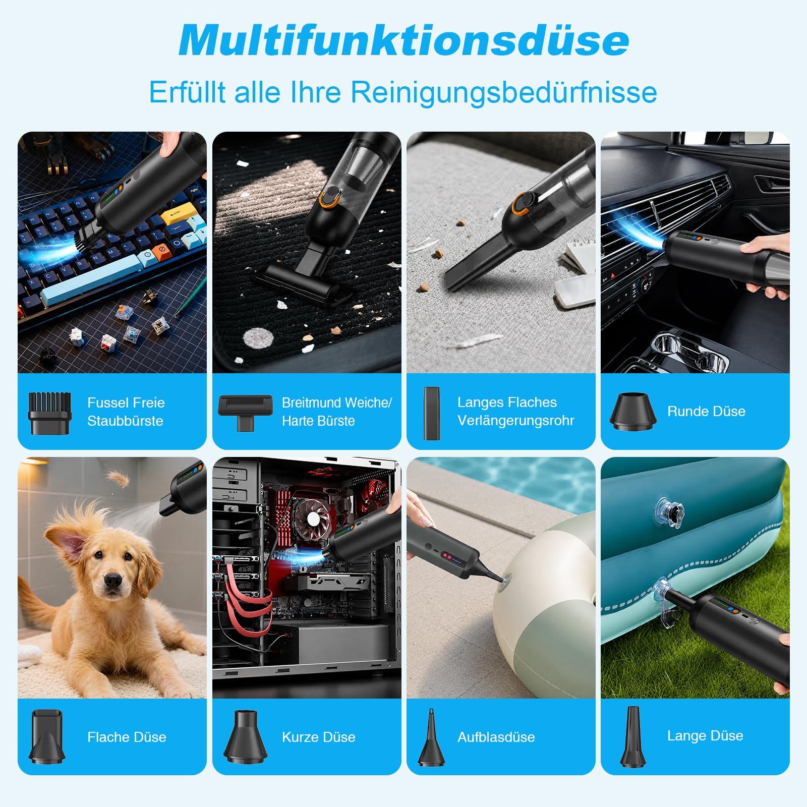 Aspirateur à Main sans Fil 4-en-1, 20kPa Aspirateur Voiture Puissant, Moteur sans Balai 87000 TR/Min, avec Affichage LED, 2 Modes de Succion, Aspirateur Compact pour Voiture, Bureau, Clavier & Maison