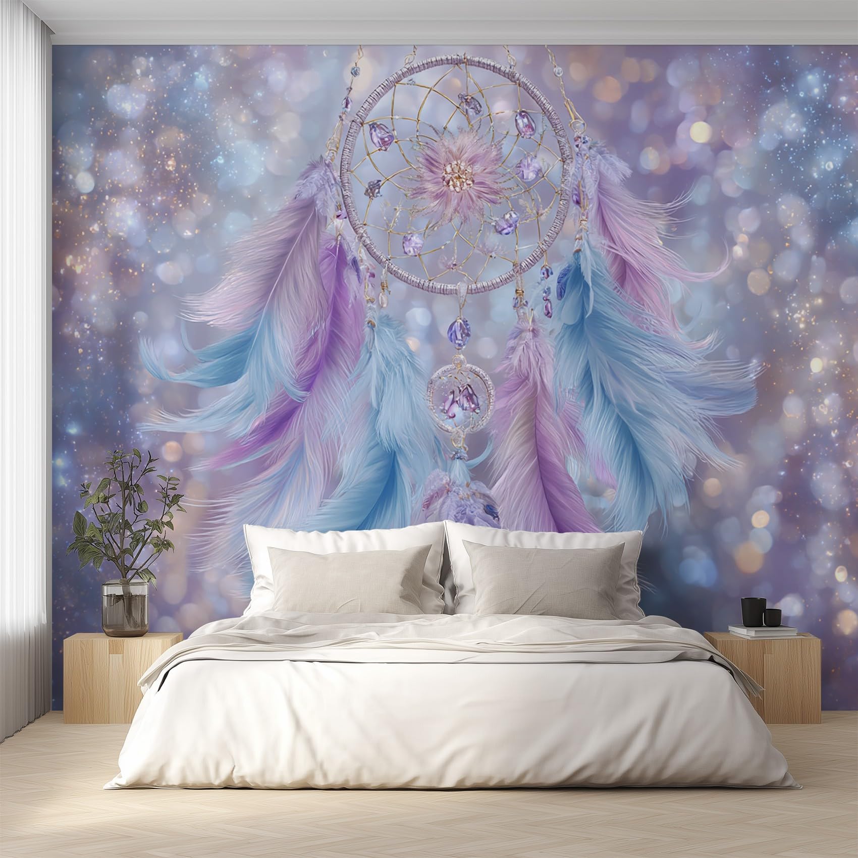 Generisch Wandtapete Traumfänger Tapete Lila Blau 250x175 cm, Tapeten Schlafzimmer Edelstein Feder Mädchen Fototapete Wohnzimmer, Vliestapete Wanddeko, Motivtapeten w6g8
