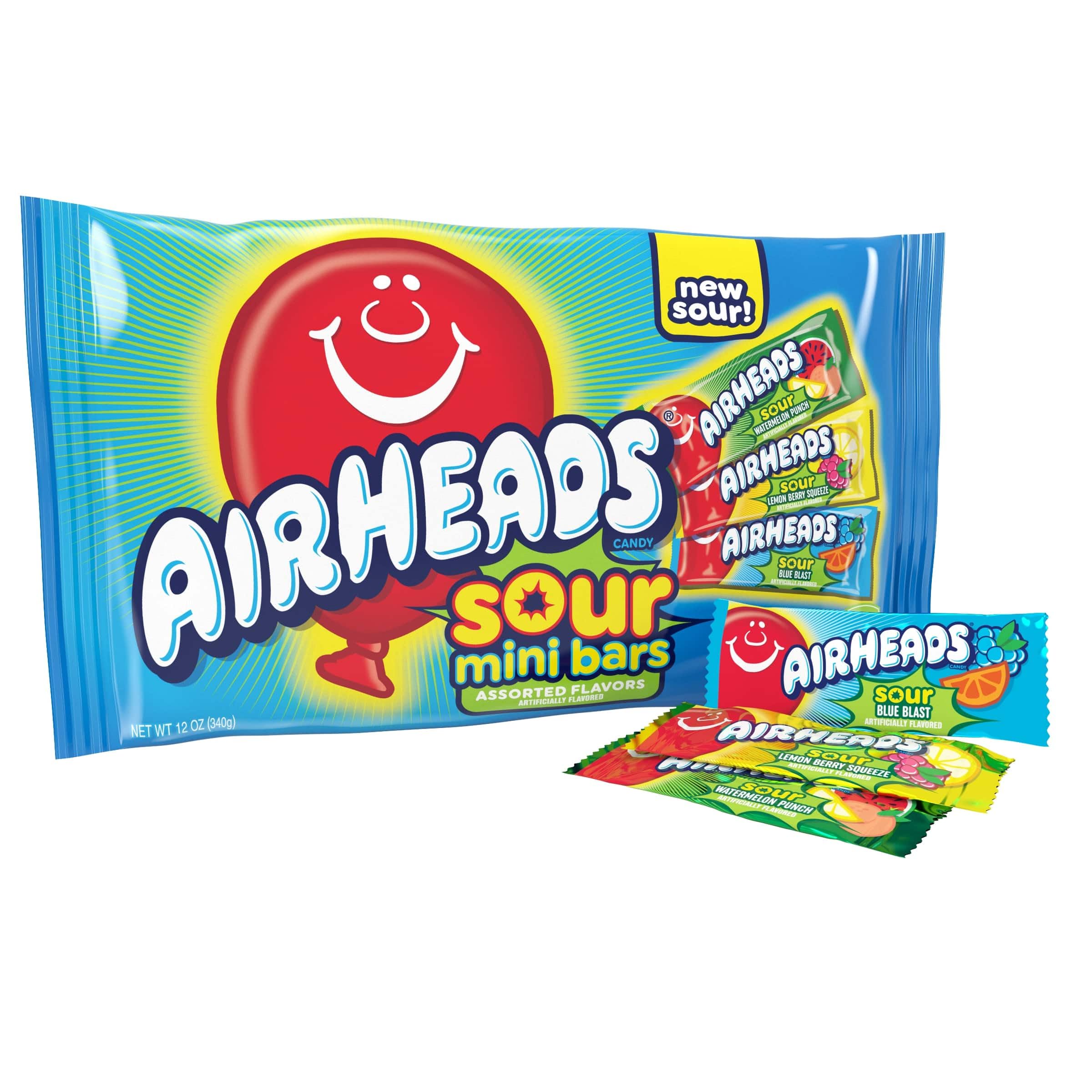 Airheads Mini SOURS - Barras de caramelo, ponche de sandía agria, explosión azul y baya de limón exprimible, bolsa variada de 12 onzas