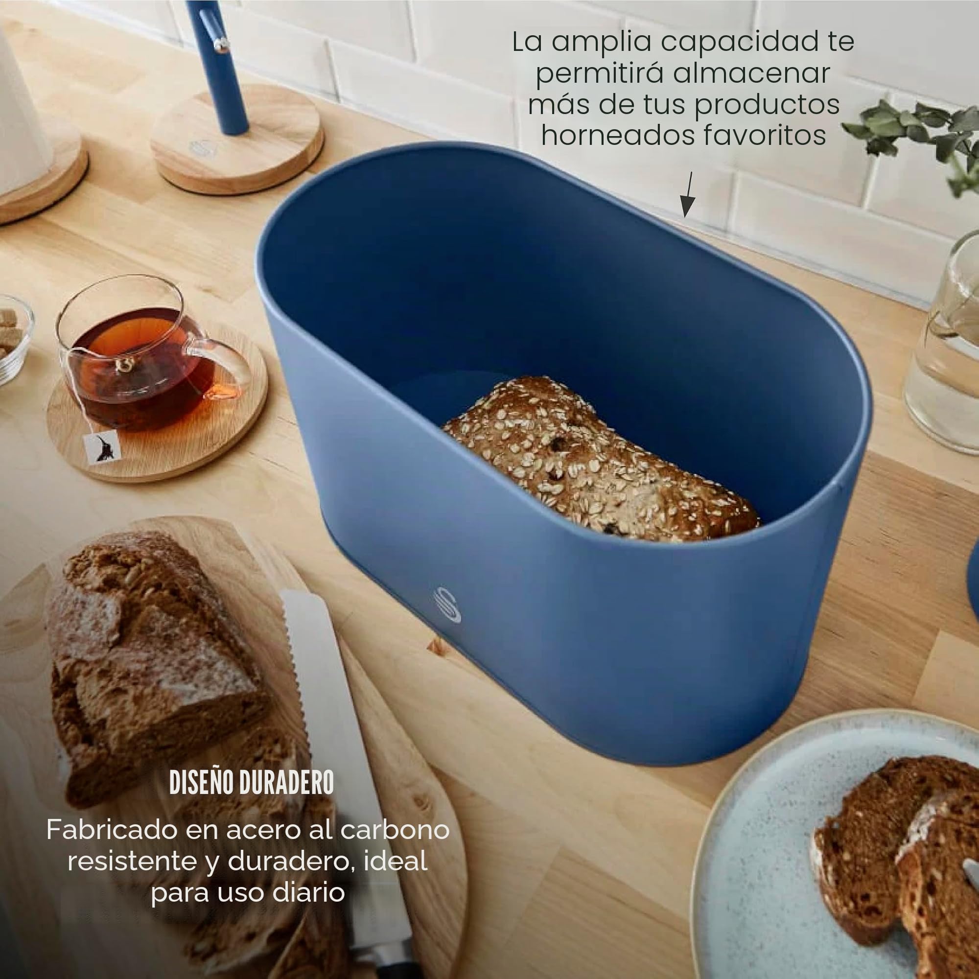 Swan Nordic Panera de Mesa para Guardar, Tapa Tabla de Cortar de Bambú, Contenedor de Acero al Carbono para Almacenamiento de Pan y Bollería, Bread Bin, Diseño Moderno, Azul, Talla única