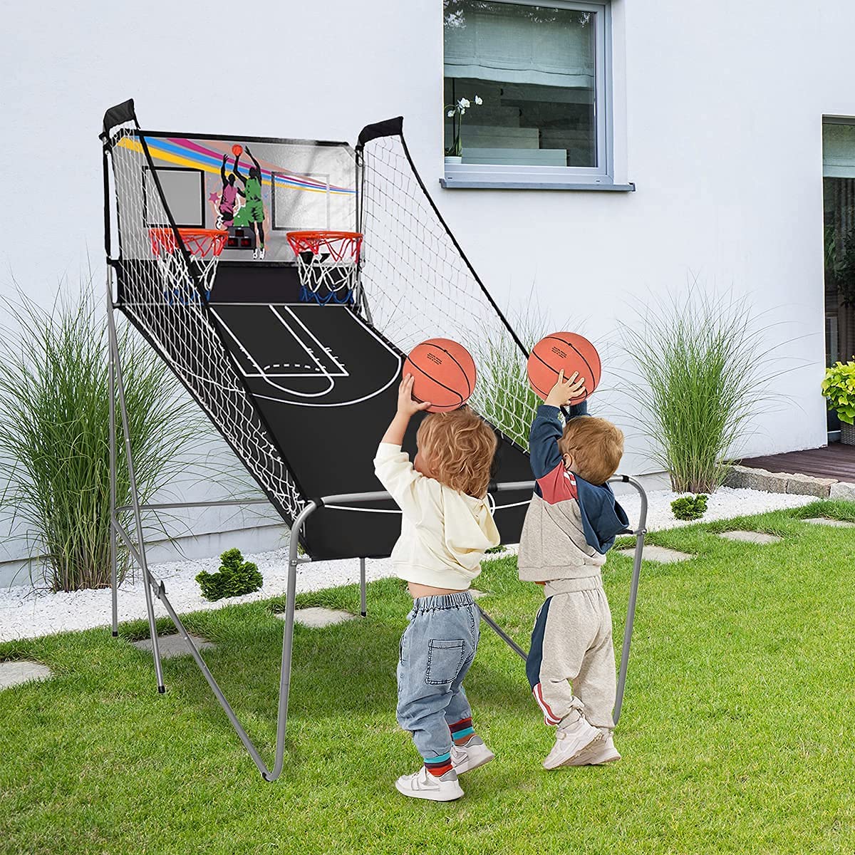 RELAX4LIFE Basketball Automat Elektronisch, Basketball Schießmaschine Klappbar, Baskeltballständer Doppelschuss mit 8 Spielmodi&Anzeigetafel, inkl. 2 Körben, 4 Bällen&Pumpe, Arcade Basketballspiele