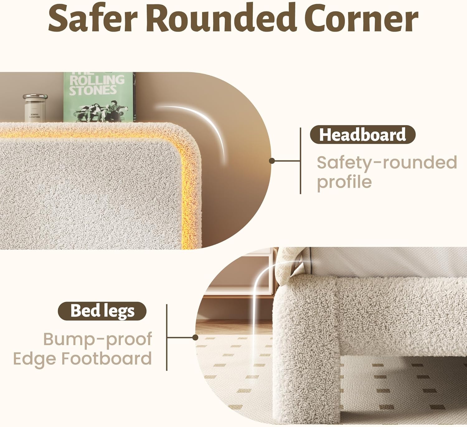 Lifezone Queen Upholstered Bed Frame, Sturdy Noise-Free Metal Support, Boucle Cloud Headboard with Charging Station & LED Lights, No Box Spring Needed, Beige