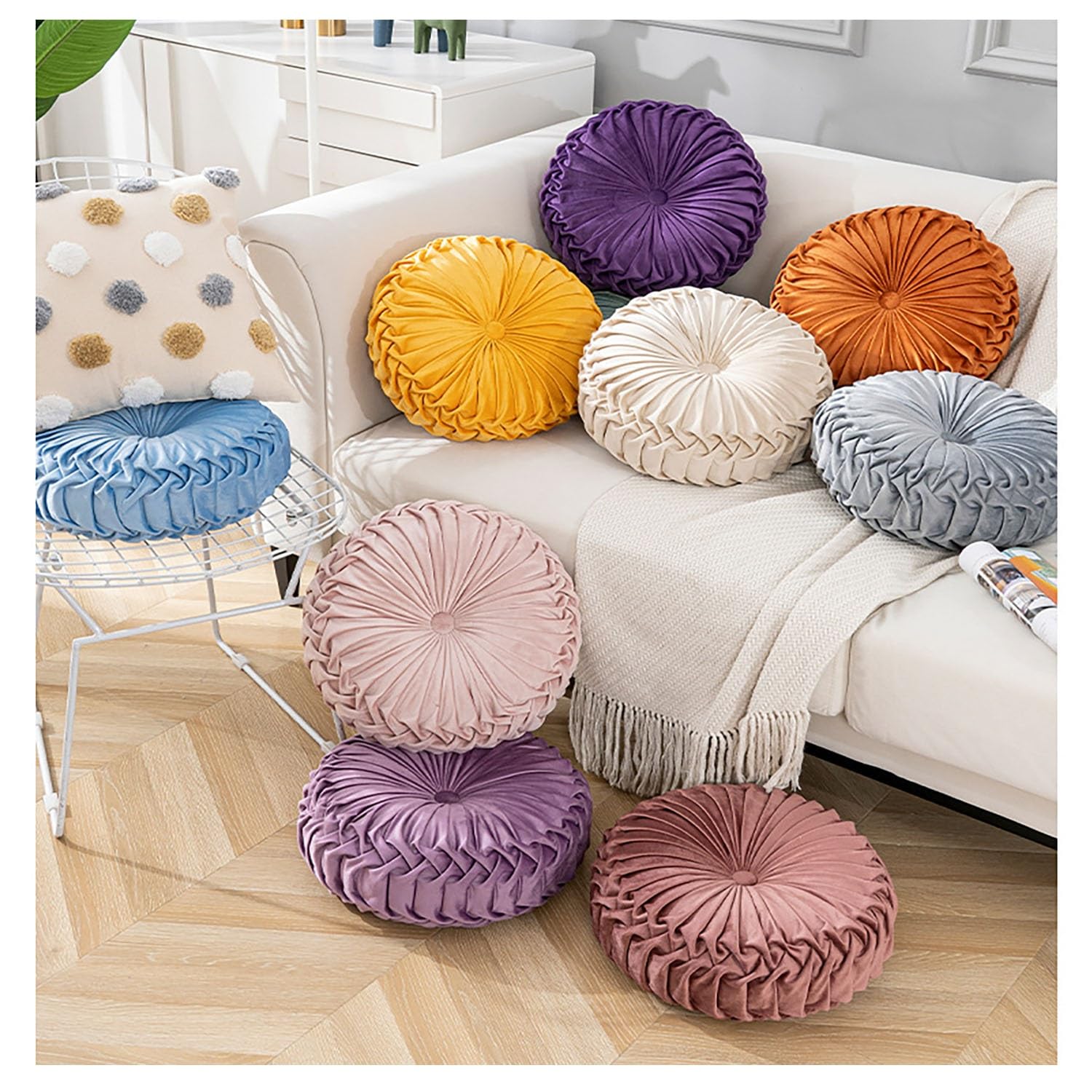Okrągła dekoracyjna aksamitna poduszka medytacyjna 35 cm poduszka promieniowa do salonu sofa łóżko krzesło podłoga samochód sypialnia (jasnozielony D: 35 cm x 10 cm)