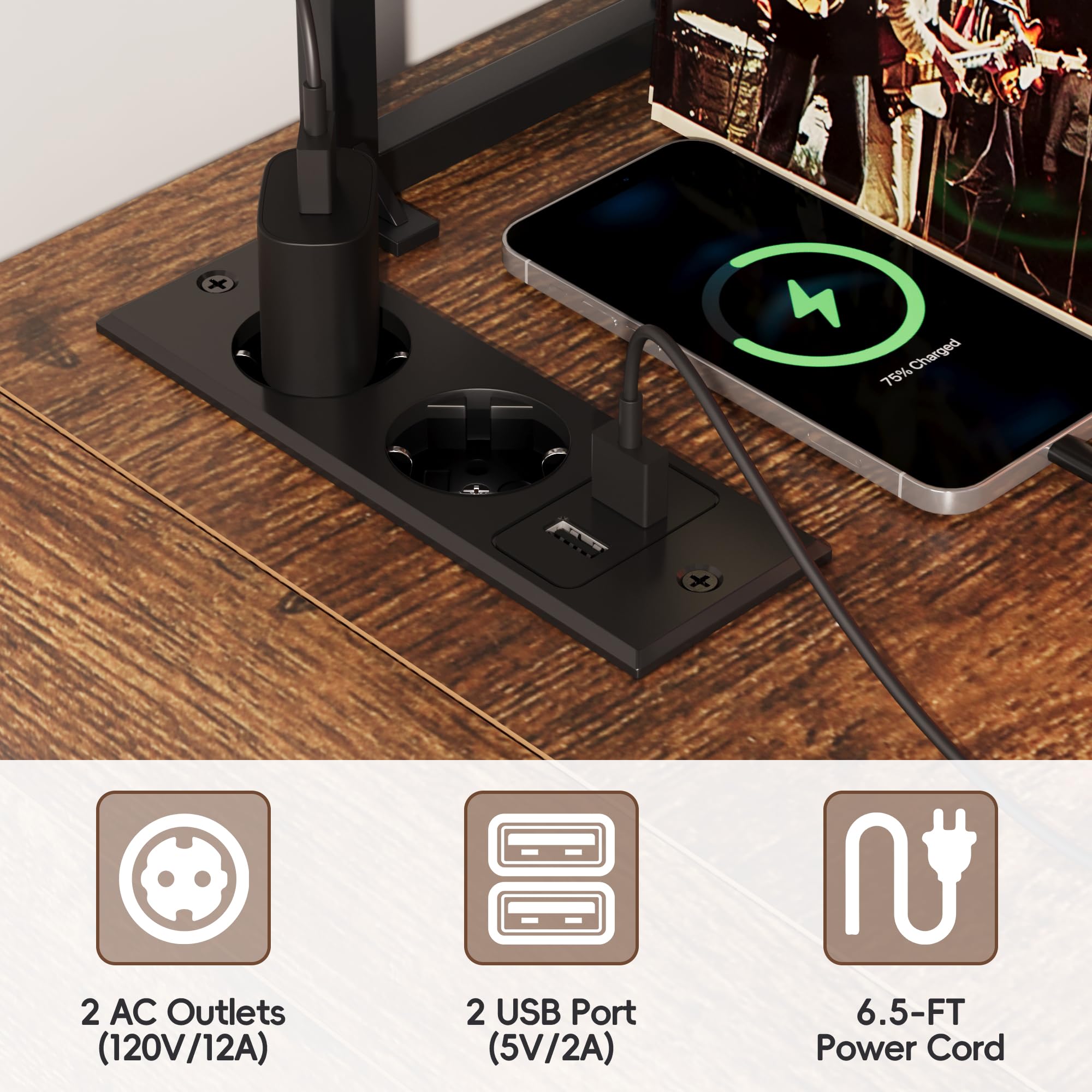 BACEKOLL Plattenspieler Regal mit EU-Steckdose & LED Beleuchtung, Schallplatten Aufbewahrung für 250+ LPs, Großer Plattenspieler Tisch mit USB-Anschluss, Mediaschrank für Wohnzimmer, Walnuss 108x45x73