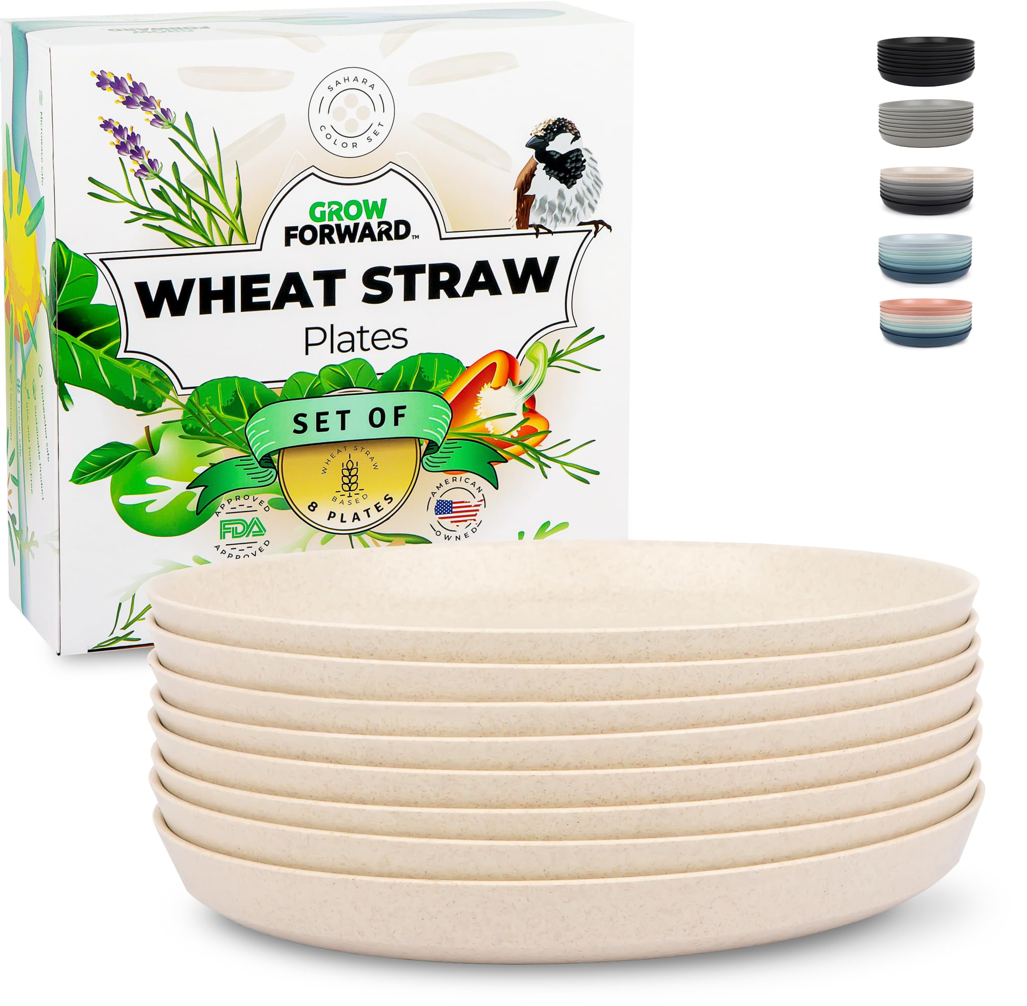 Grow Forward Premium Wheat Straw Plates - 8 Unbreakable Dinner Plates Set - 10 Inch Eco Friendly Dishwasher & Microwave Safe Plates - Reusable Lightweight Salad Plates for Camping, RV - Sahara