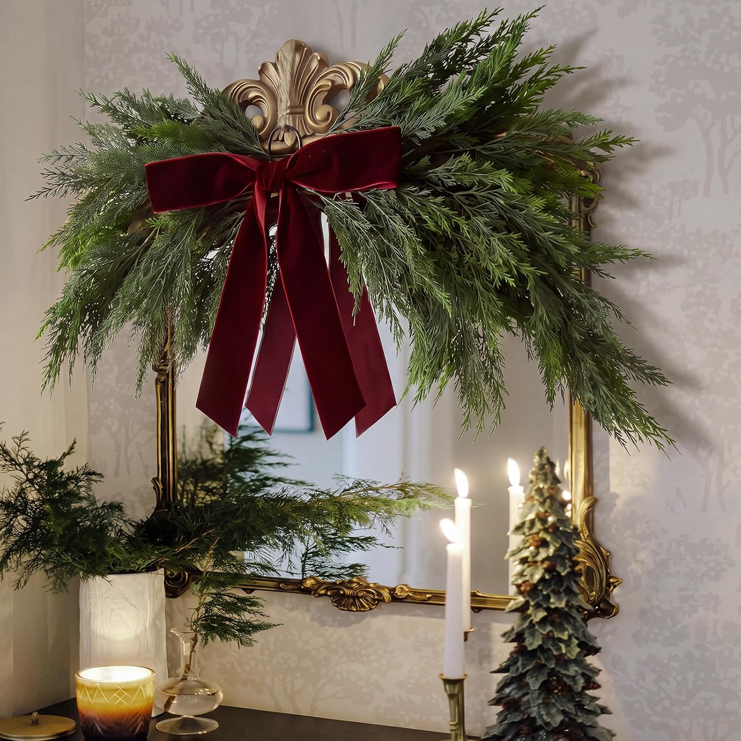 Fuutreo 31.5 in Cedar Christmas Mirror Garland with Burgundy Velvet Bow