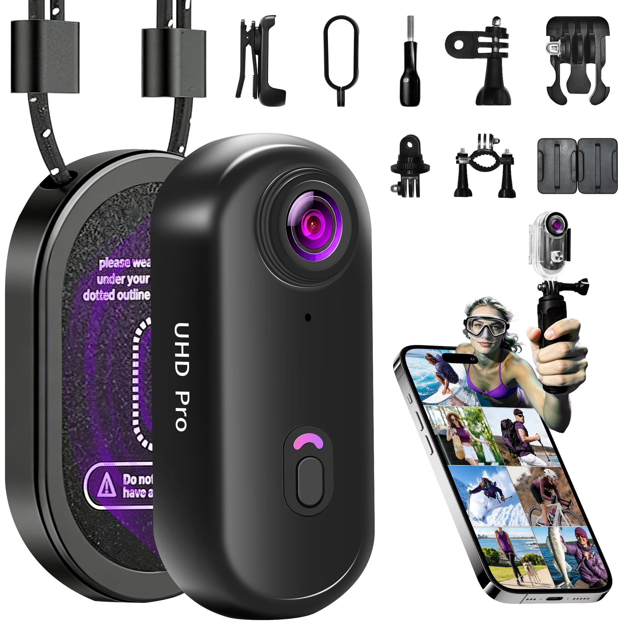 Mini Action Cam 4K, Tragbare Bodycam Körperkamera WiFi, POV Kamera Vlogging Camera Wasserdicht 30M, 120° Weitwinkel Helmkamera Kleine Videokamera für Sport, Vlog, Haustier, Radfahren und Motorradf