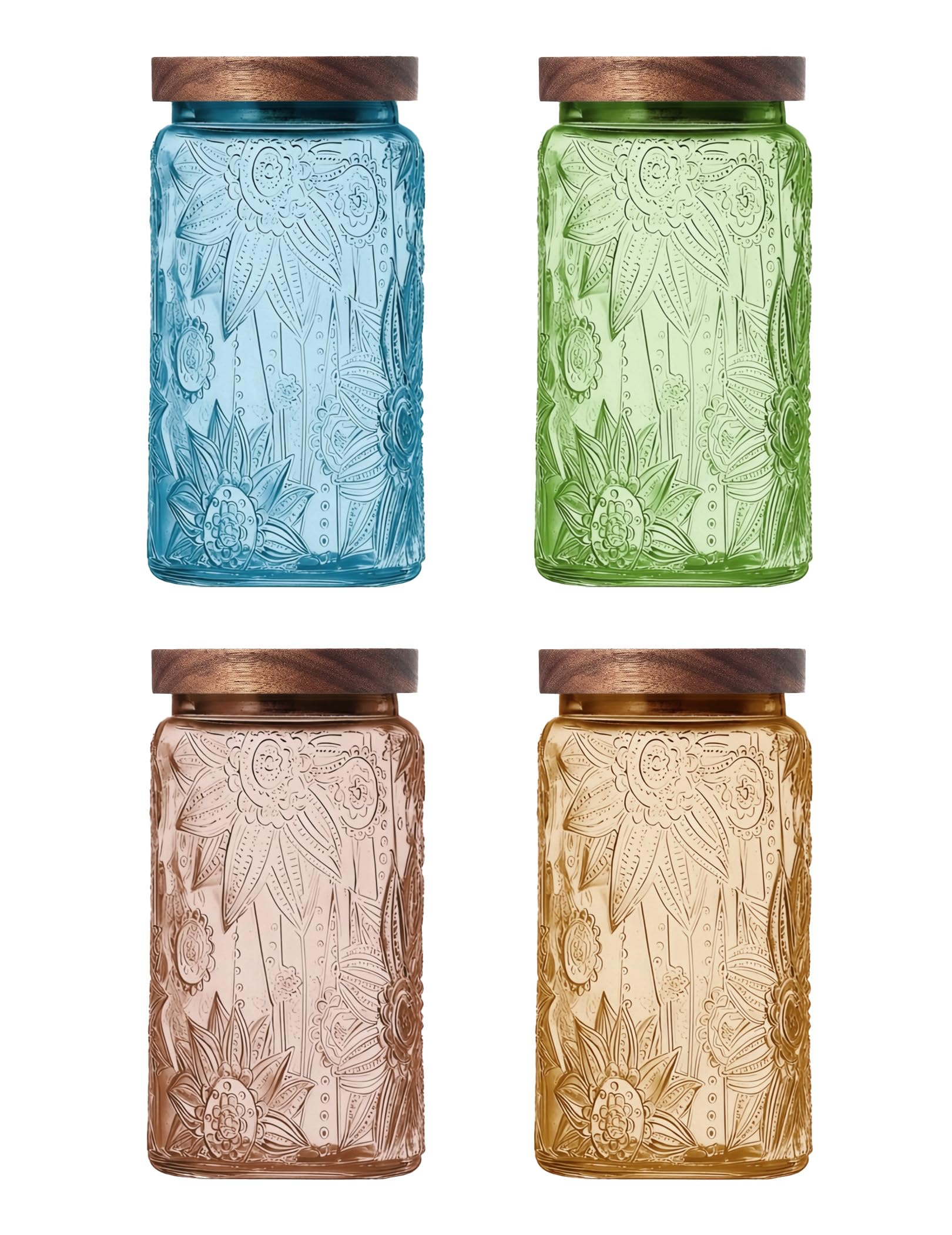 Barattoli in vetro con coperchio ermetico in legno, set di 4 contenitori decorativi vintage per cucina, bagno, dispensa, caramelle, caffè, biscotti, cereali, zucchero, tè, dolcetti per animali