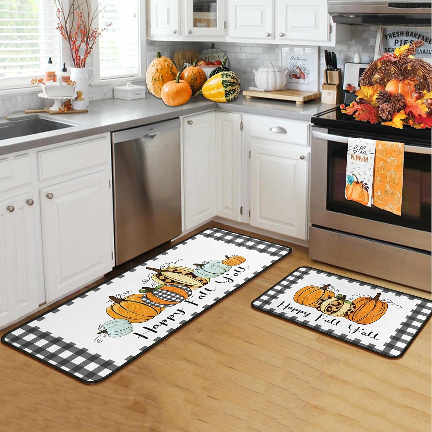 Fall Kitchen Rugs and Mats for Floor, Fall Decorations for Home, 2 Pcs Non-Slip Backing Pumpkin Mat, Autumn Decor Thanksgiving Kitchen Rug Sets with Runner (Fall 08, 17"x47.2"+17"x30")