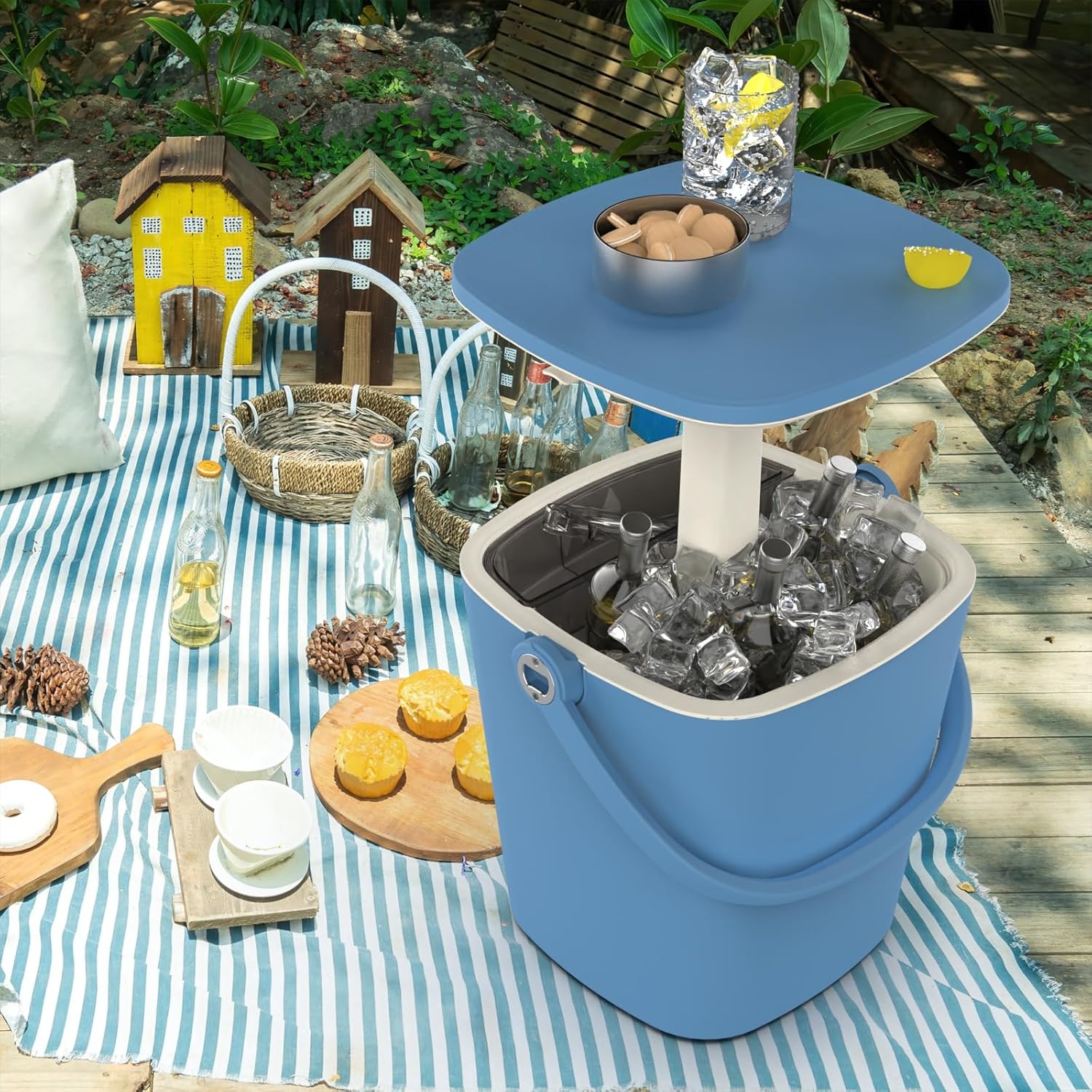 Outdoor Cool Bar Table with Adjustable Height,4-Gallon All-Weather Ice & Wine Cooler,Multi-Functional Patio Cocktail Station for Camping, Backyard & Parties