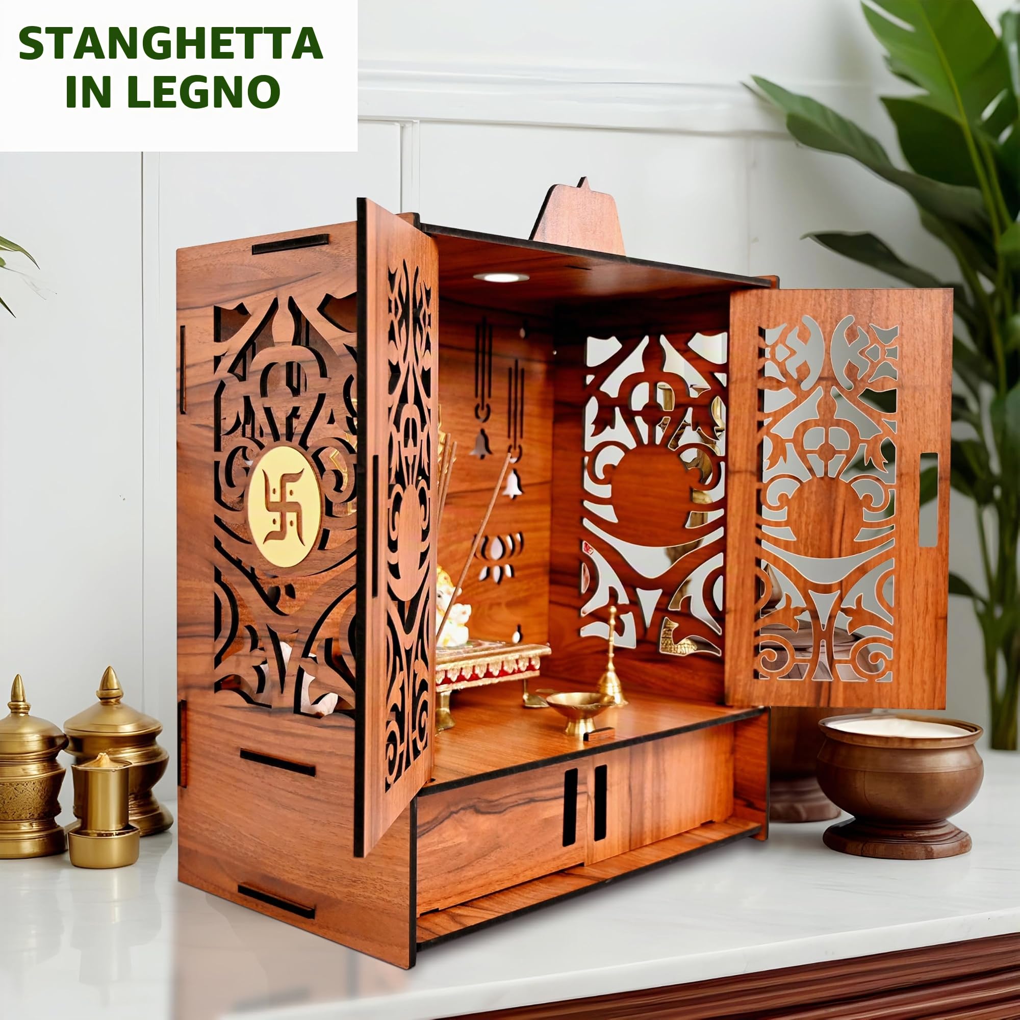 Rousrie Mandir a tempio in legno per la casa con ante | Bella unità Pooja con spazio di archiviazione | con luce LED e supporti a parete | Elegante Pooja Mandir per la casa di grandi dimensioni (H