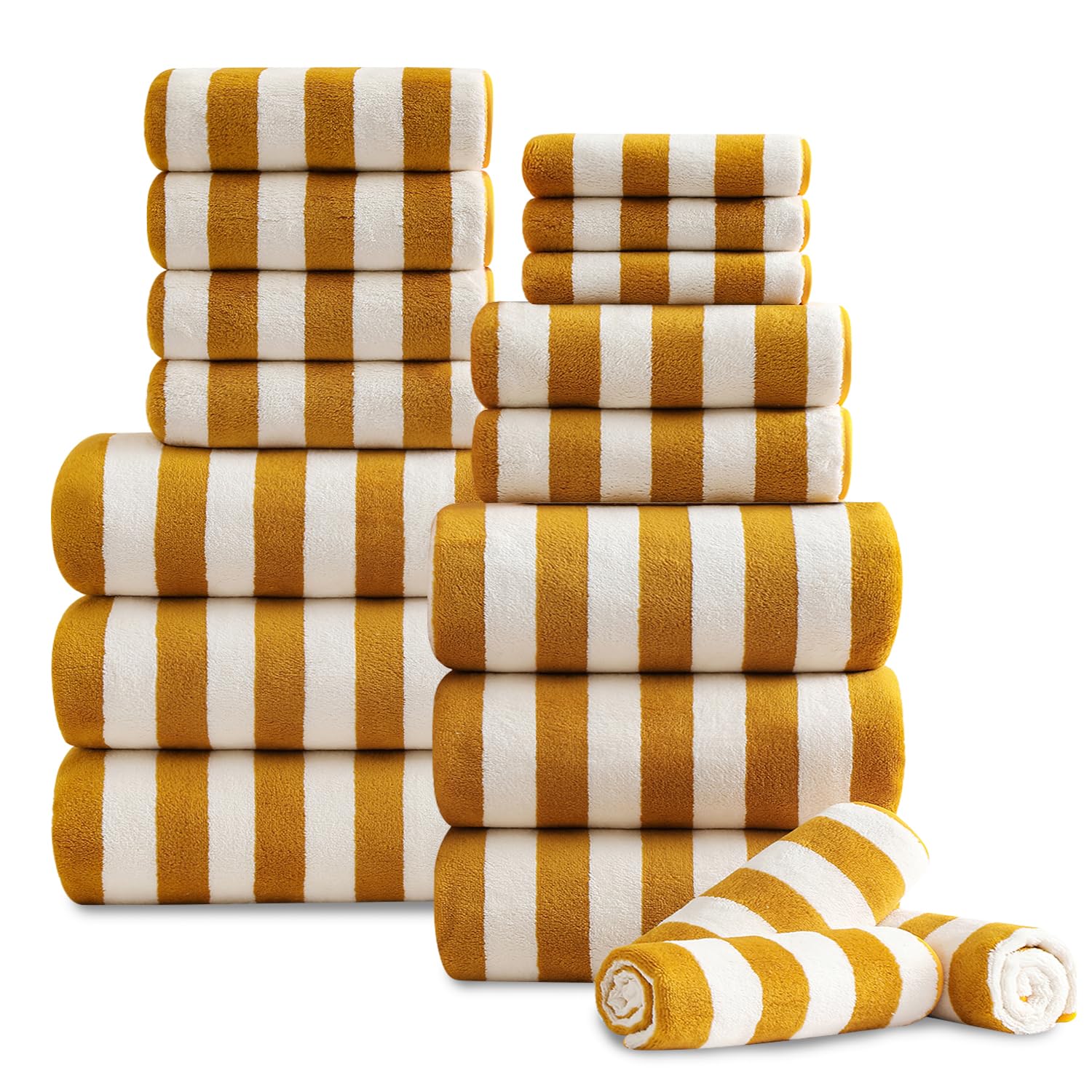 Photo 1 of 18 Pcs Yellow Stripe Bath Towel Set with Hanging Loop-6 Bath Towels,6 Hand Towels,6 Washcloths Soft Family Towel Set Bathroom Towel Highly Absorbent Quick Dry Shower Towel for Beach Spa Gym Hotel