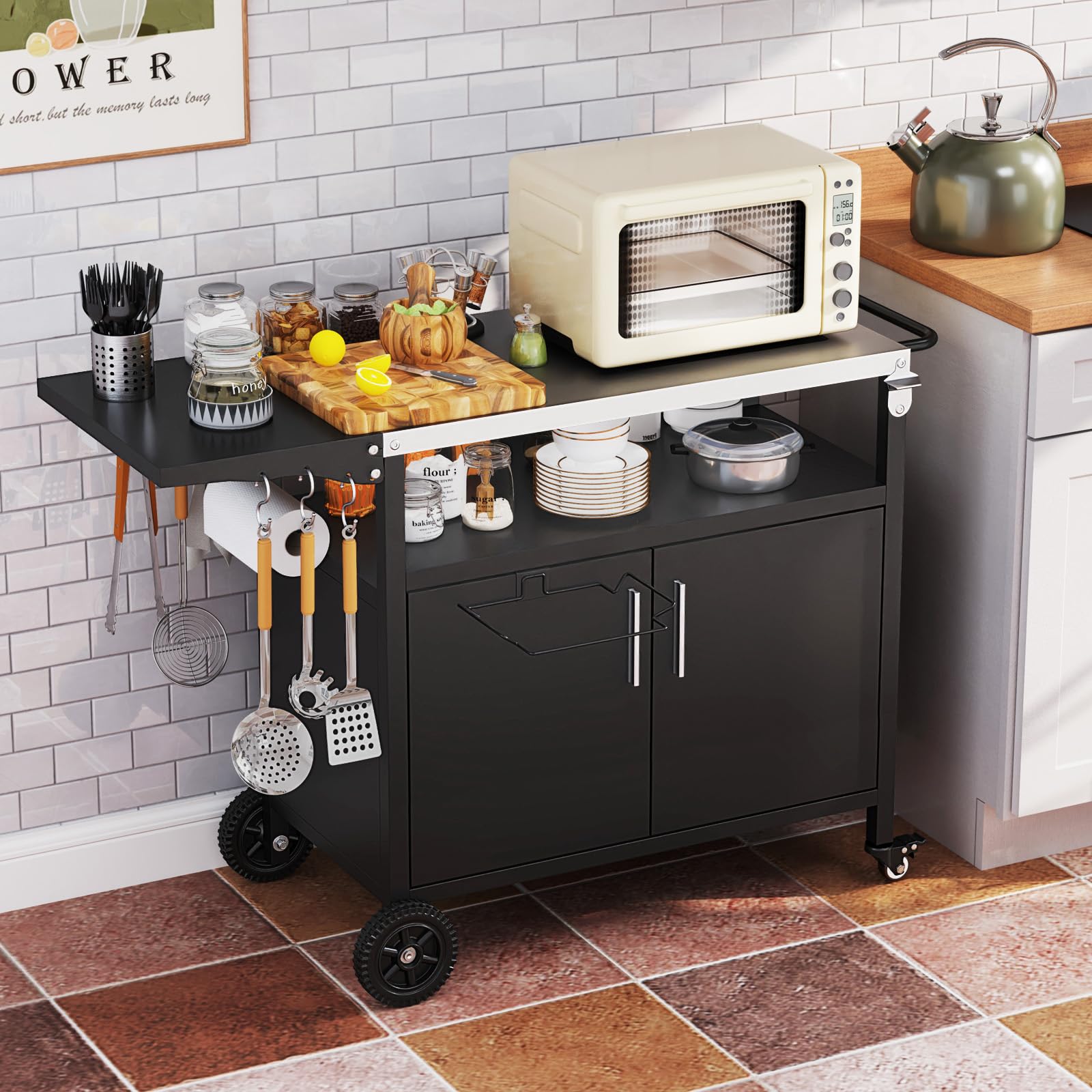 COSTWAY Carrello per Barbecue con 3 Ripiani e 2 Ante, Carrello da Cucina in Acciaio Inox e Ruote, Carrello Porta Griglia Multiuso con Tavolo Pieghevole e 6 Ganci, 127 x 50 x 84 cm