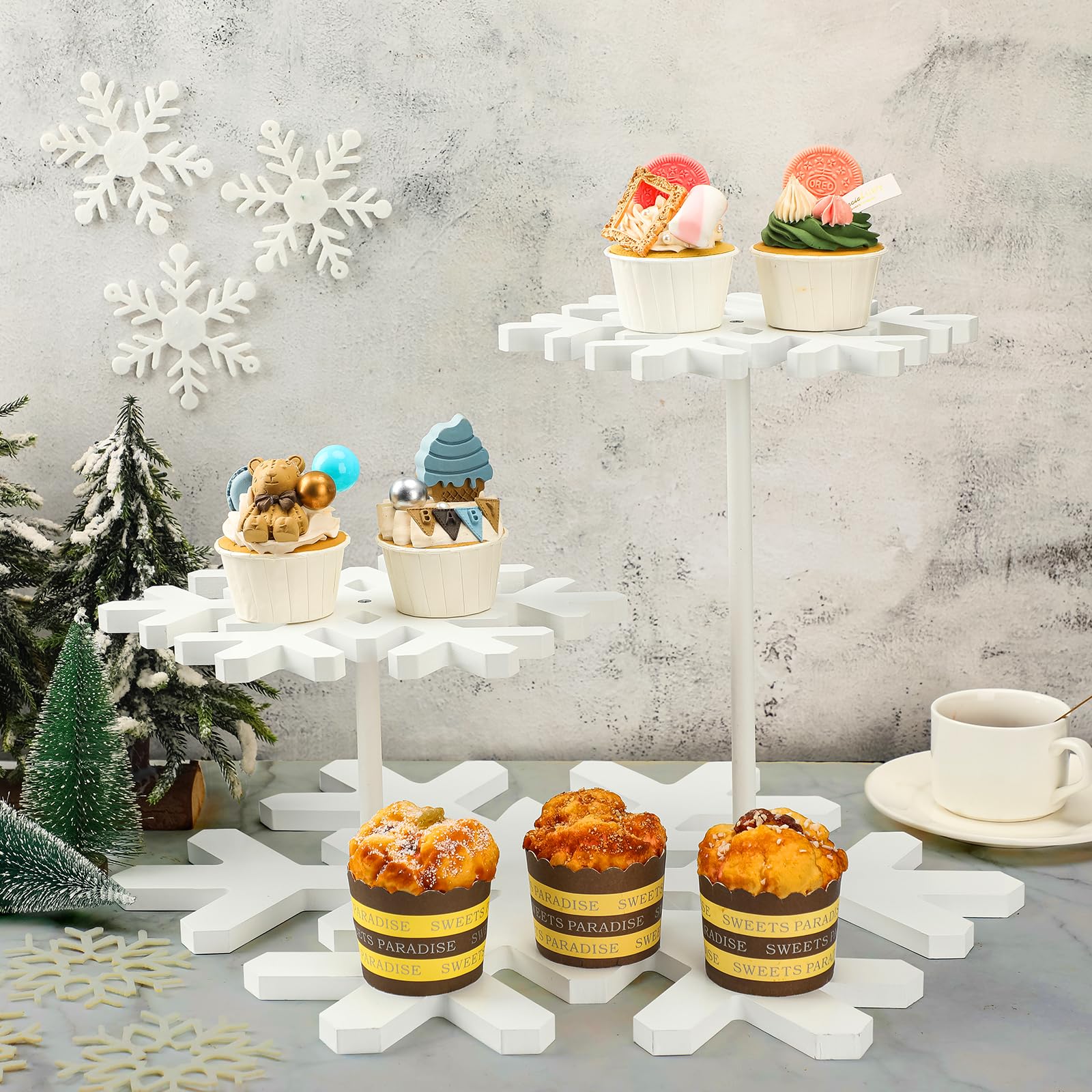 Suzile Christmas Snowflake Wood Cake Stand 3 Tier Rustic Cake Stand 14 x 17'' Wooden Cupcake Stand Xmas Cake Plate Stand Wood Tiered Display Stand for Wedding Christmas Party Dessert Table