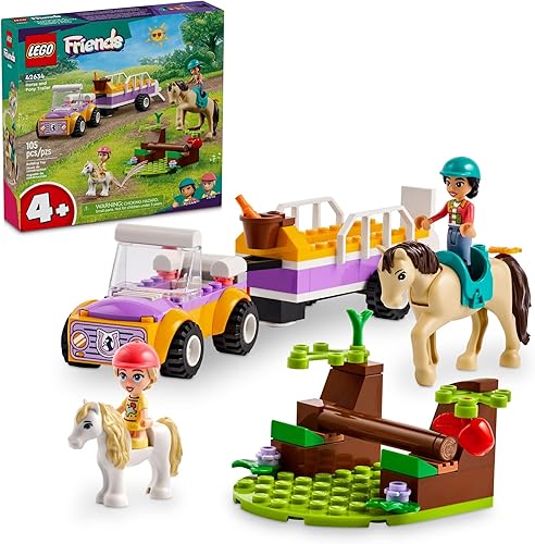 LEGO Friends - Juego de remolque de caballo y poni, juguete de construcción para niños, regalo creativo con personajes de Liann y Zoya y 2 figuras