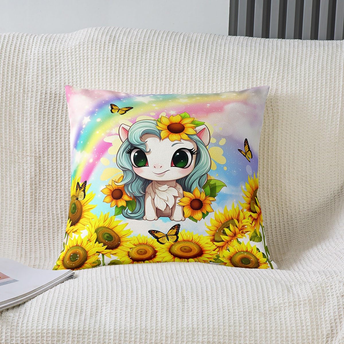 Homewish Cute Unicorn Throw Pillow Cover 24x24 Inch Watercolor Sunflowers Colorful Gradient Rainbow Cushion Cover for Kids Girls Teens Wild Butterfly Cartoon Animal Cushion Case for Party Sofa