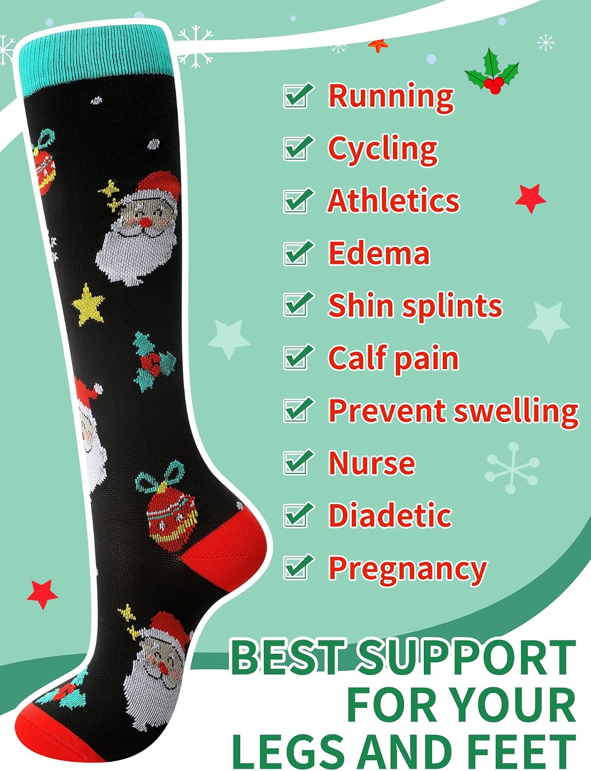 Fourluoo 6 Pairs Christmas Compression Socks Christmas tree Santa Claus snowflake Knee High Socks for Xmas Party Gifts