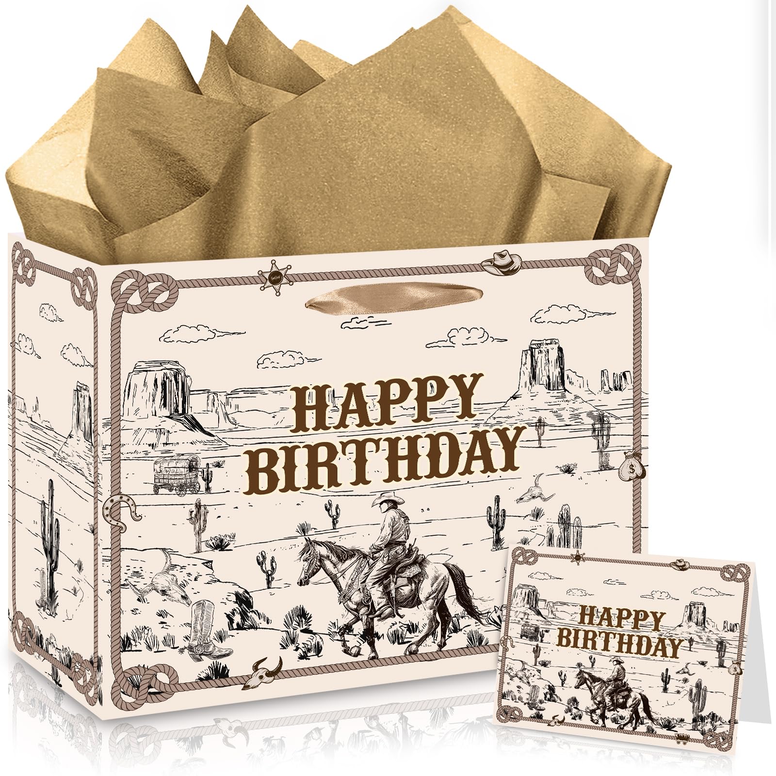 Innovoscape Cowboy Birthday Gift Bag for Boys Men Western Rodeo Happy Birthday Gift Bag with Wrapping Paper Card Large Wild West Horse Gifts Bag for Cowboy Bday Decorations Party Favors Supplies