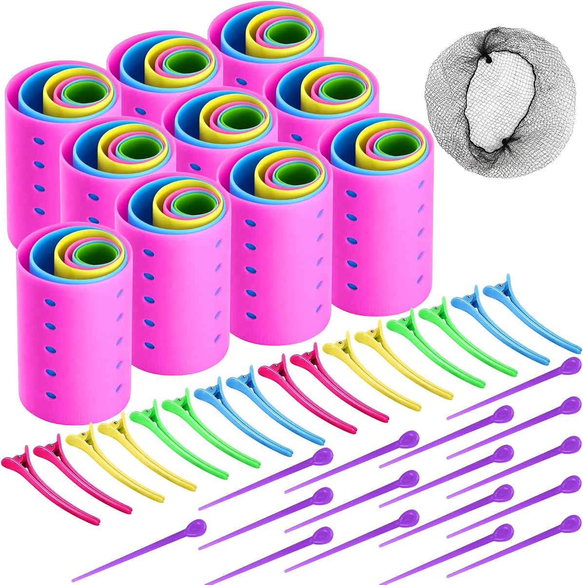 141 Pcs Hair Rollers Set Include 60 Plastic Hair Rollers with 60 Pins, 20 Duck Teeth Clips - Hairdressing Curlers Tools for Men and Women DIY Styles (Random Color)