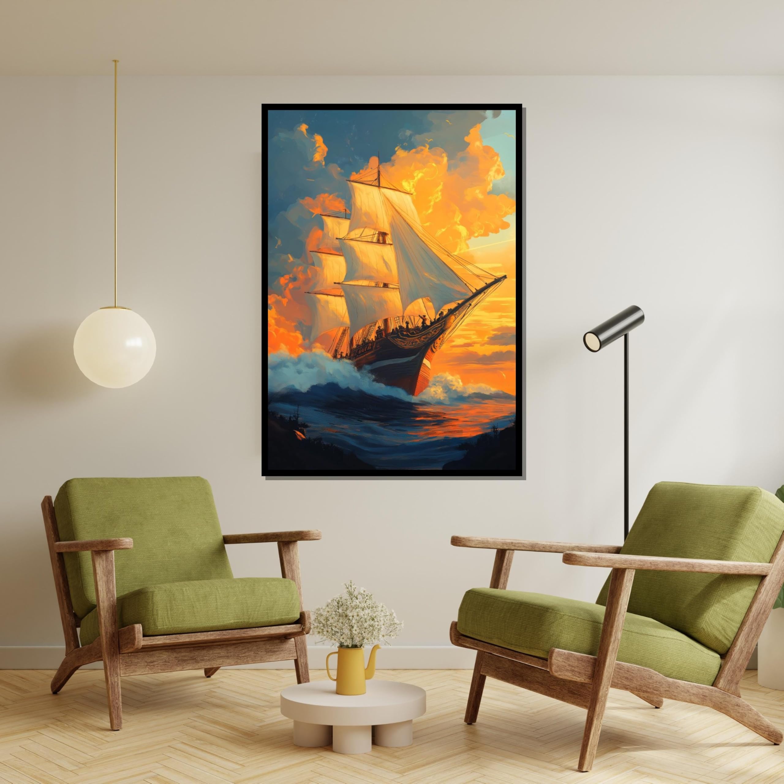 Obraz na płótnie "Welon o zachodzie słońca", abstrakcyjne obrazy statków, obrazy na ścianę morską, do salonu, dekoracja domu (50 x 70 cm / rama wewnętrzna)