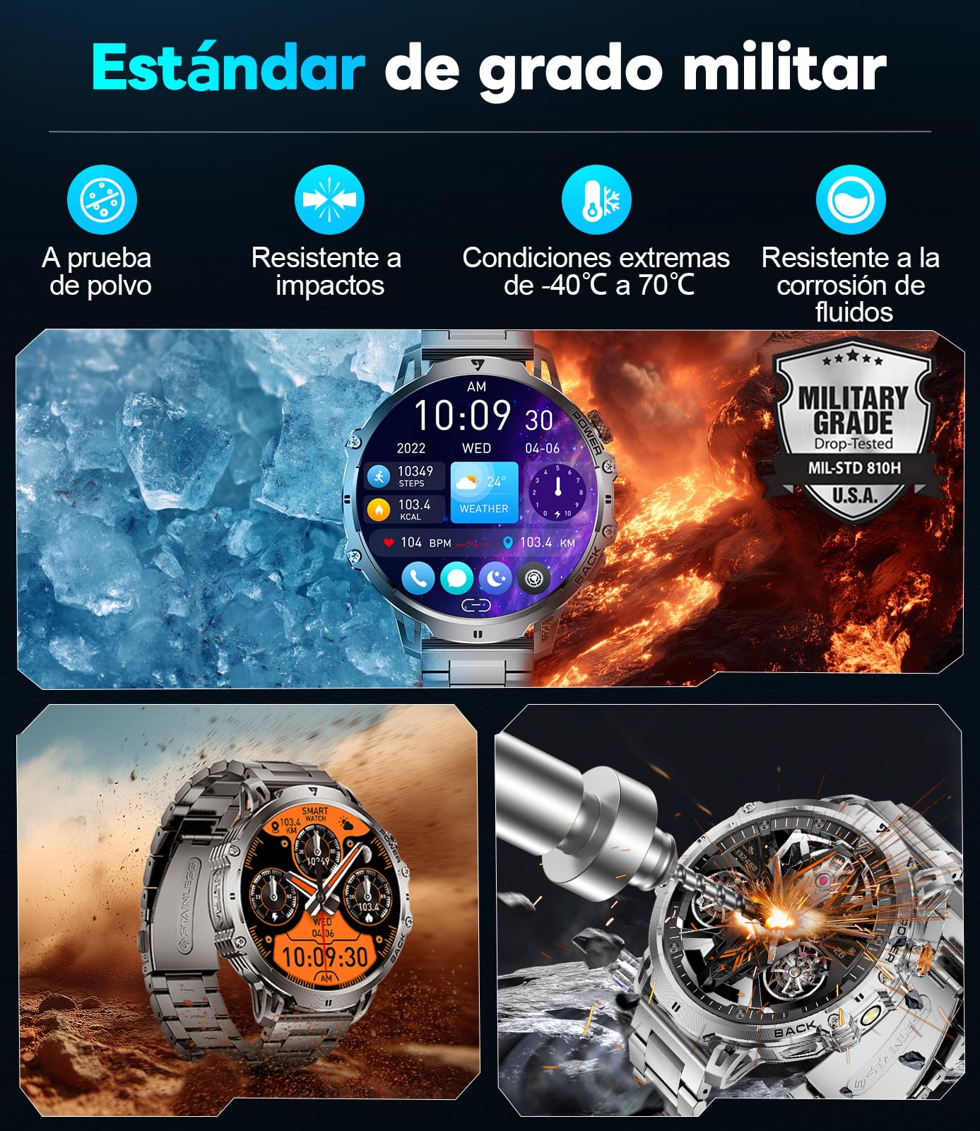Reloj Inteligente Hombre con 1000mAh/LED Linterna, 1.85" HD Smartwatch Hombre con Llamadas Bluetooth, Frecuencia Cardíaca, Monitor de Sueño, IP68 Impermeable, 100+ Deportivos para Android iOS