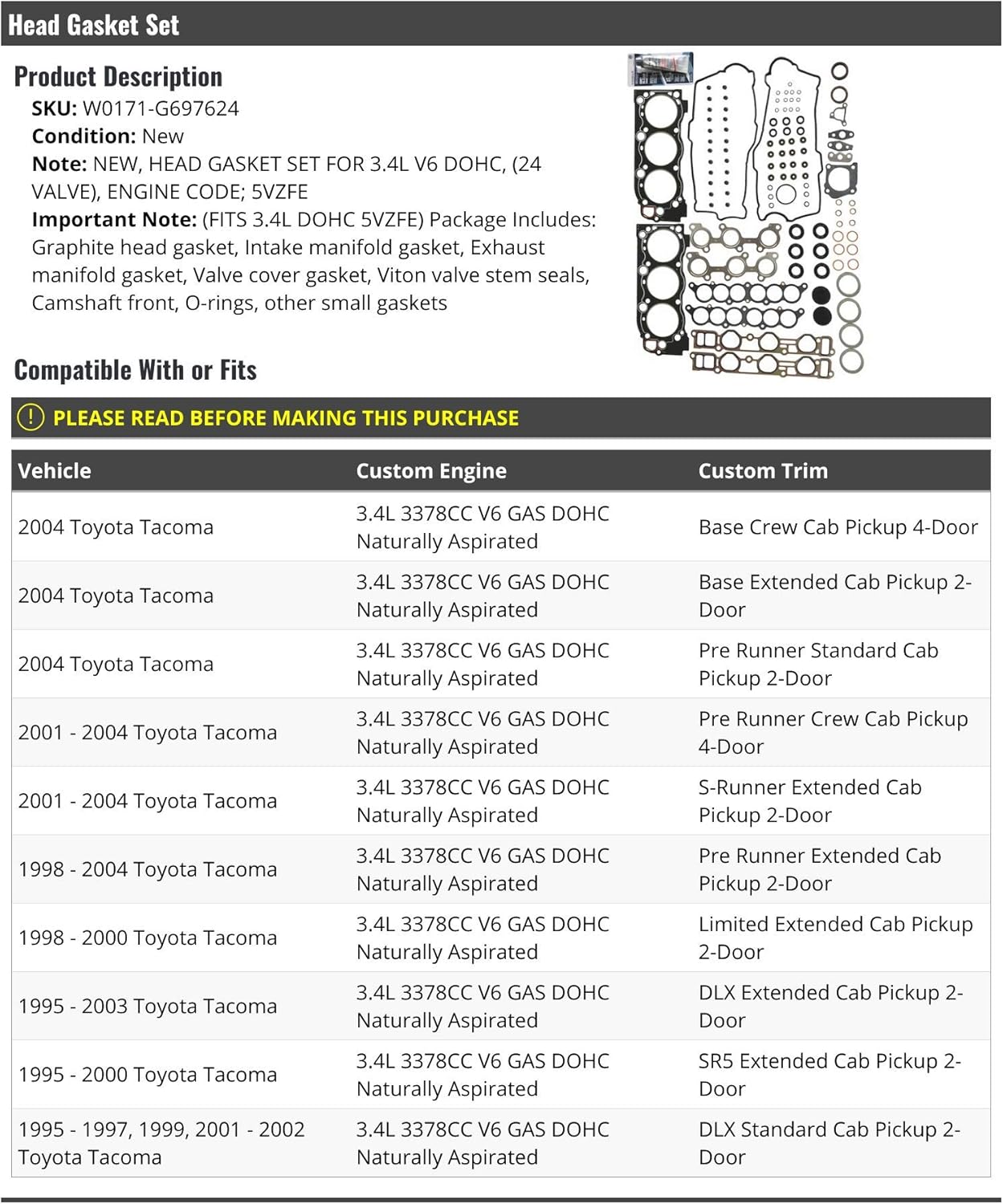 Head Gasket Set - Compatible with 1995-2004 Toyota Tacoma 3.4L V6 DOHC 24-Valve 5VZFE