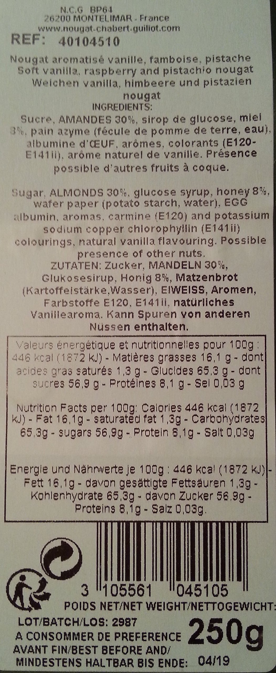 Nougat Chabert et Guillot - Boîte Métal Nougat Tendre Vanille, Framboise, Pistache - 250g