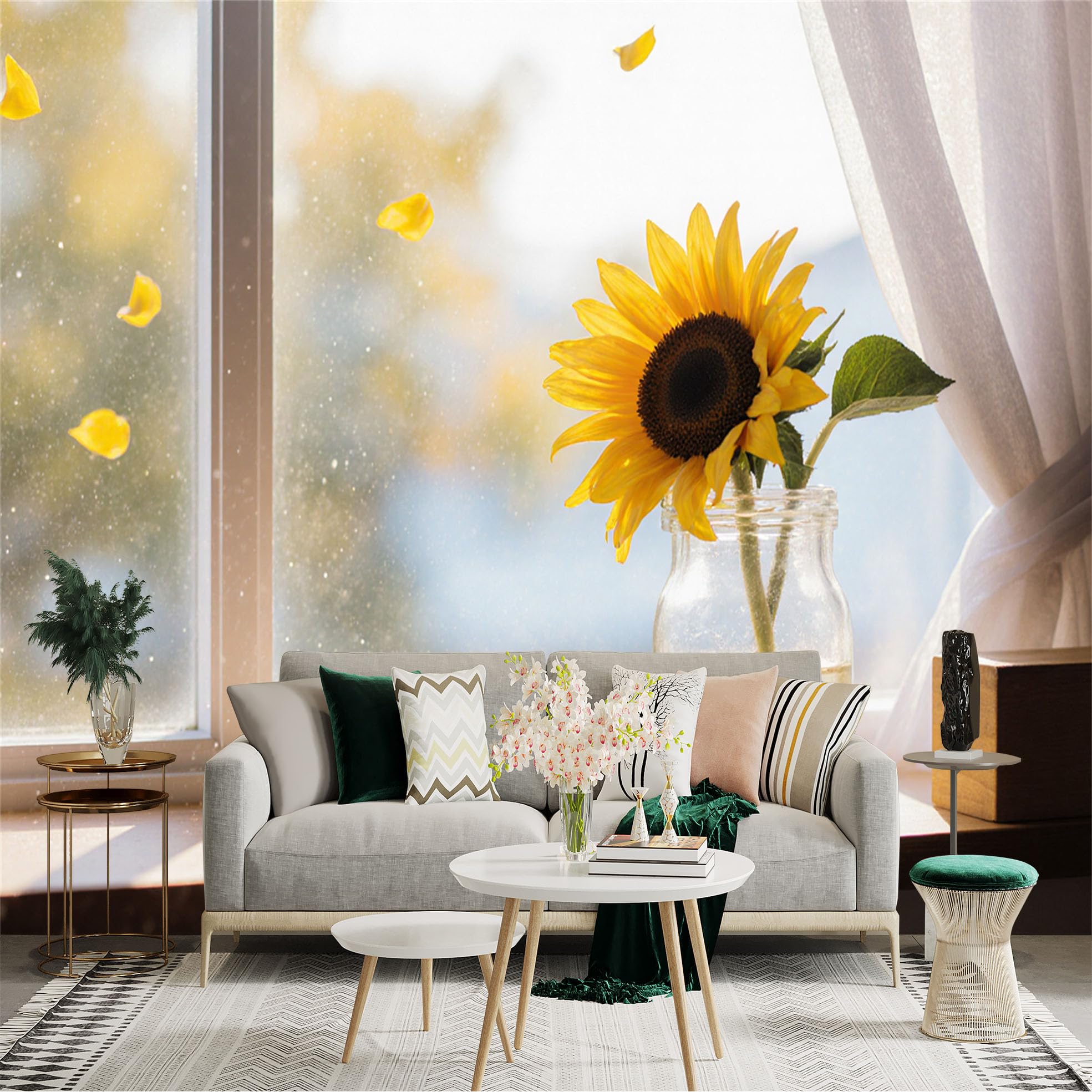 Custom Size Wall Sticker Mural， Sunflower in Glass Vase， Natural Sunlight， Warm Morning Atmosphere， Floral Home Decor， for wall Decoration， peelandstick wall Decals.