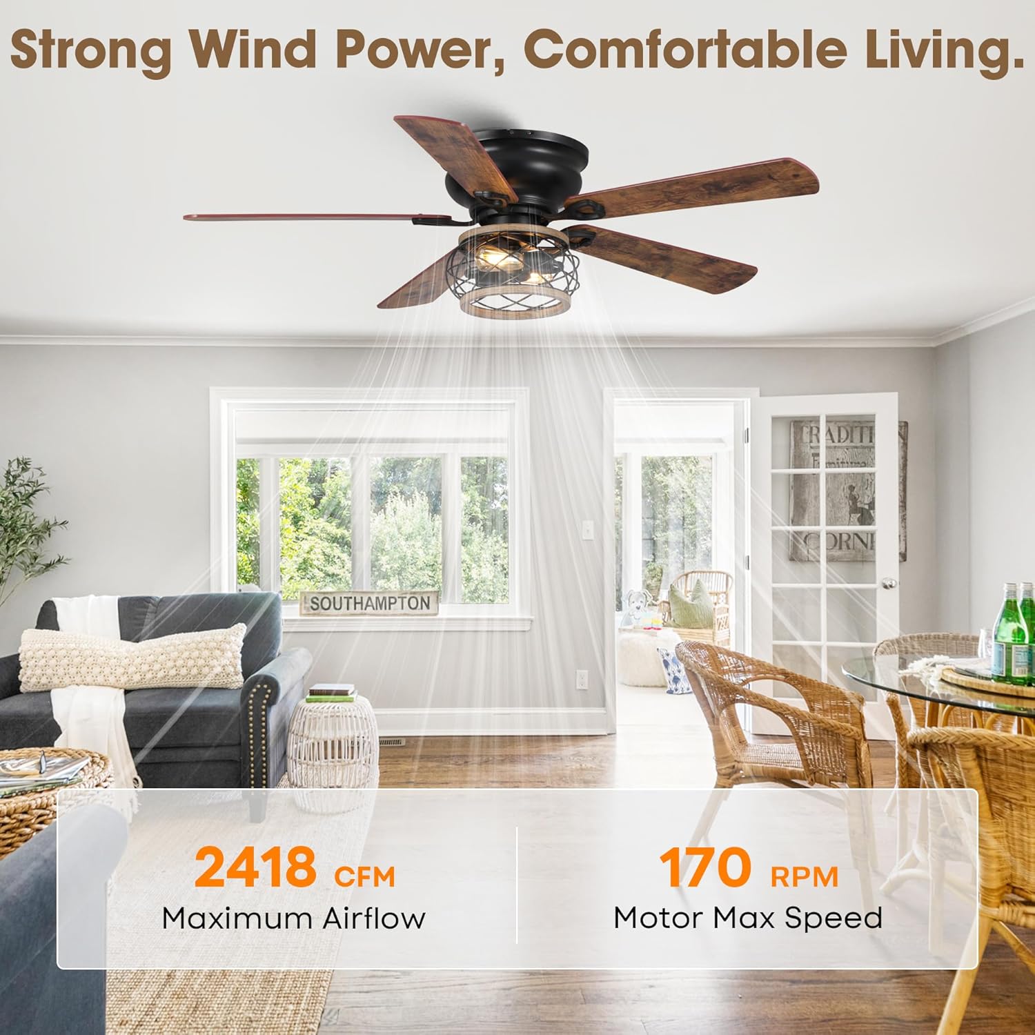 Parrot Uncle Ceiling Fans with Lights and Remote, Farmhouse Flush Mount Ceiling Fans for Bedroom Living Room, UL Listed Rustic Low Profile Fan Indoor Outdoor, Reversible AC Motor, 5 Wood Blades