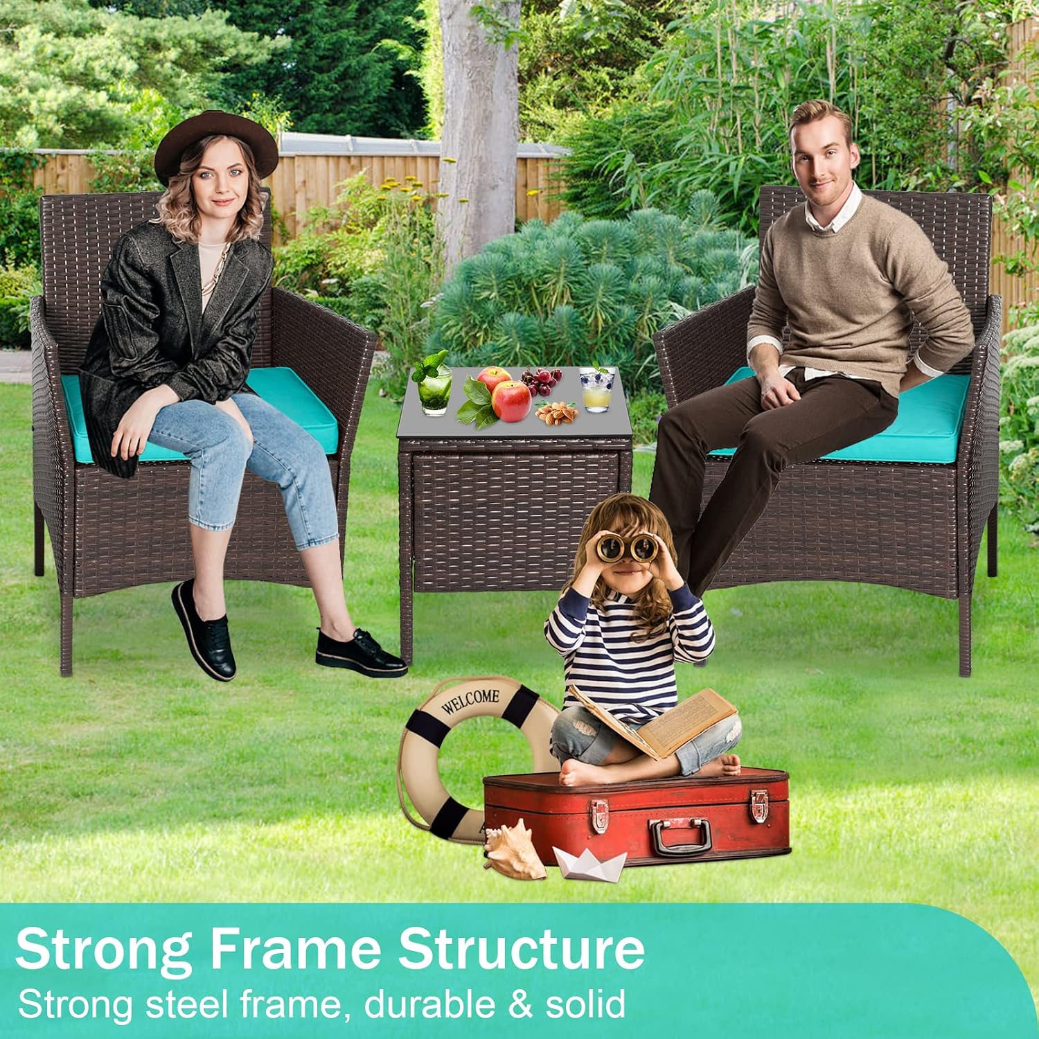 3-Piece Patio Furniture Set Wicker 3 Pcs Outdoor Furniture Set w/Washable Cushion and Tempered Glass Tabletop, Conversation Set for Backyard,Blue