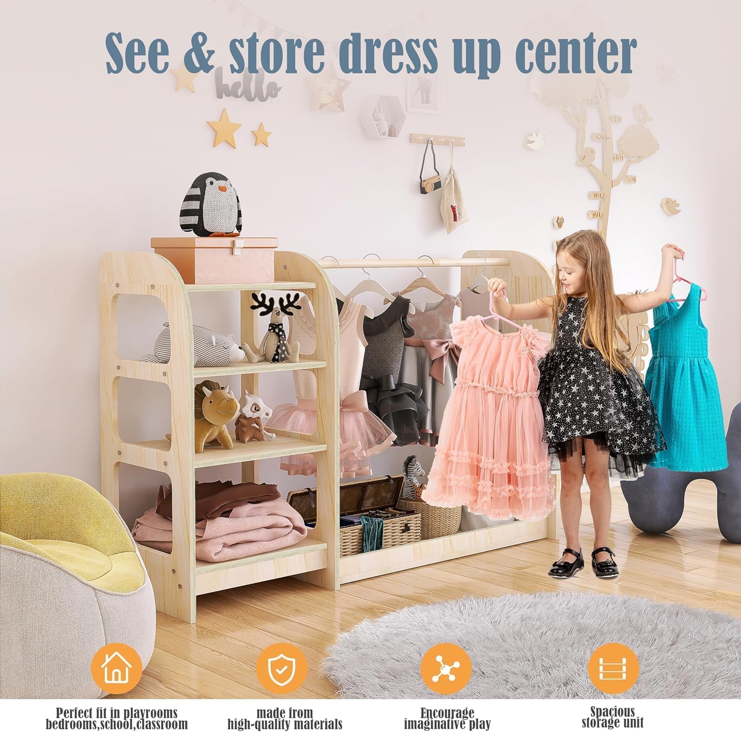 Kids Dress Up Storage with Mirror, Wooden Kids Dress Up Rack for Little Girls and Boys, Kid Wardrobe Closet with Storage Shelf