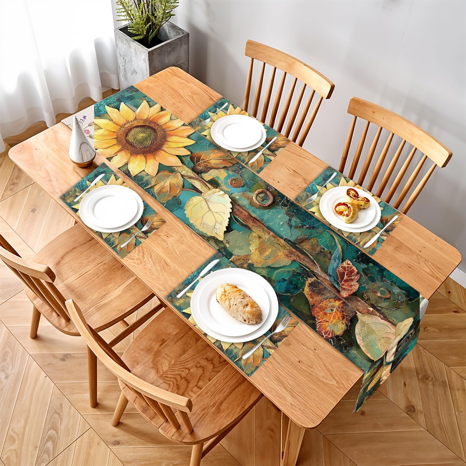 Elegant Sunflower Table Runner and Placemat Set – 5-Piece Rustic Dining Table Decor with 1 Table Runner & 4 Placemats – Bright Yellow Floral Design for Everyday or Seasonal Use