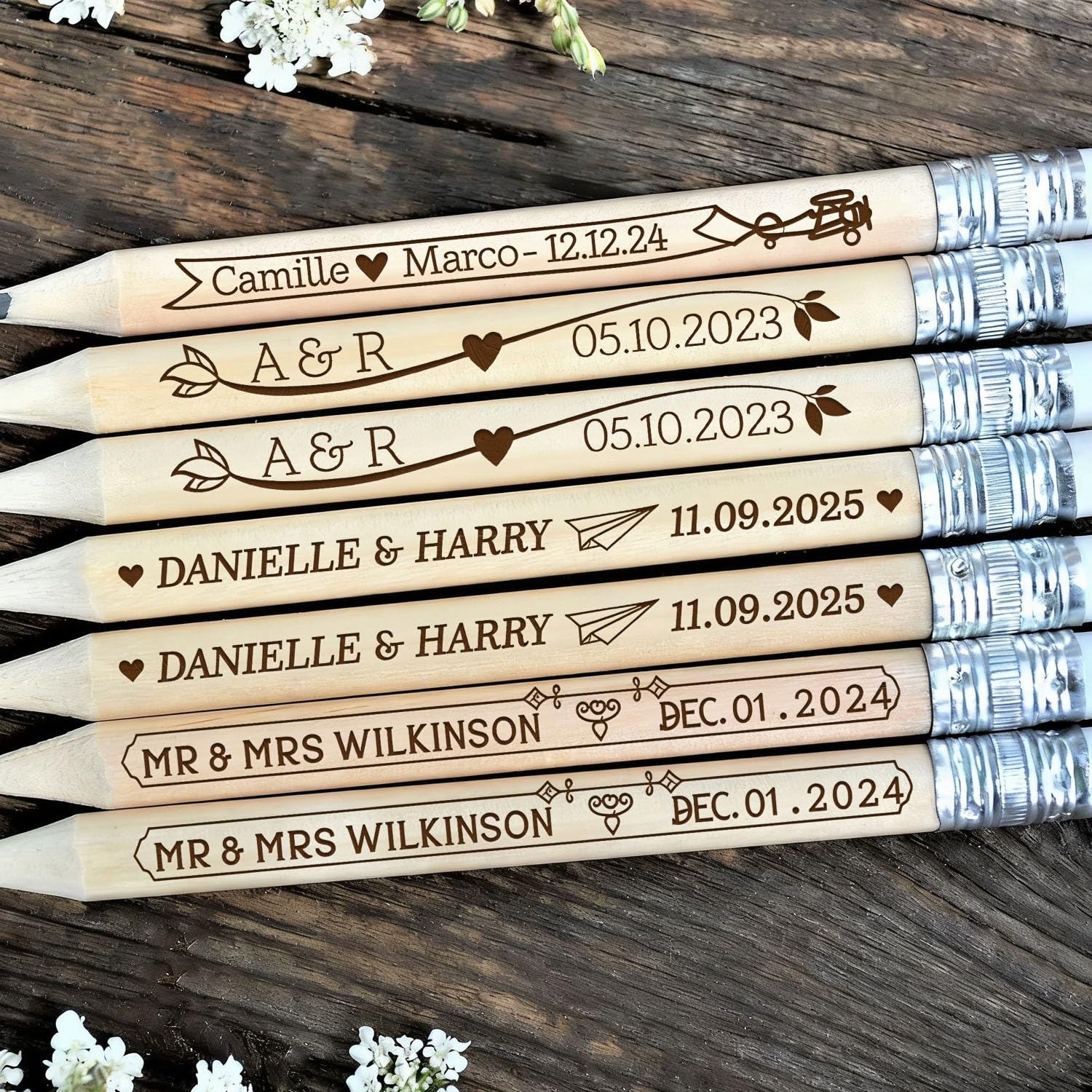 Individuell Gravierte Holzstifte Mit Radiergummi Für Die Hochzeit, Personalisierte Stifte Mit Namen Für Gästebücher Und Sitzpläne, Hochzeitsgeschenke Für Die Gäste(100pcs)