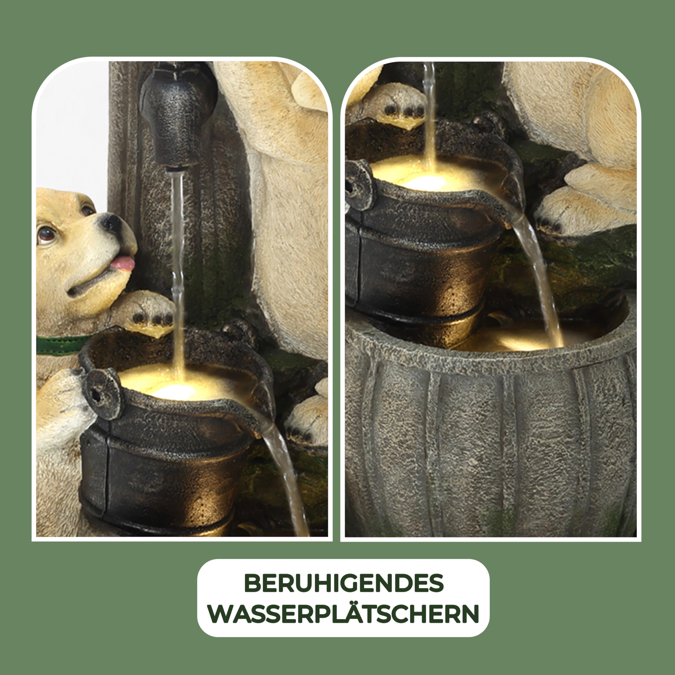 90cm Polyresin-Gartenbrunnen mit LED Light Zwei Hündchen und Vogelhäuschen Innen- und Außenbrunnen springbrunnen für Garten, Balkon, Terrasse, Eingang 90x38x34 cm